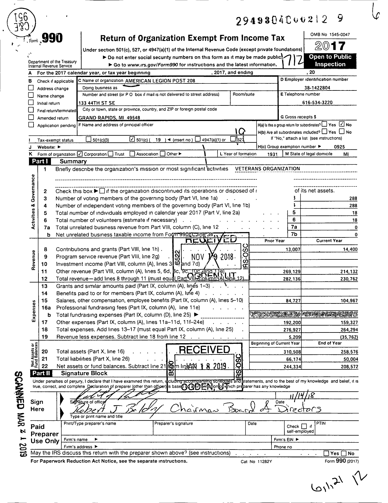 Image of first page of 2017 Form 990O for American Legion - 0208 Daniel Waters Cassard