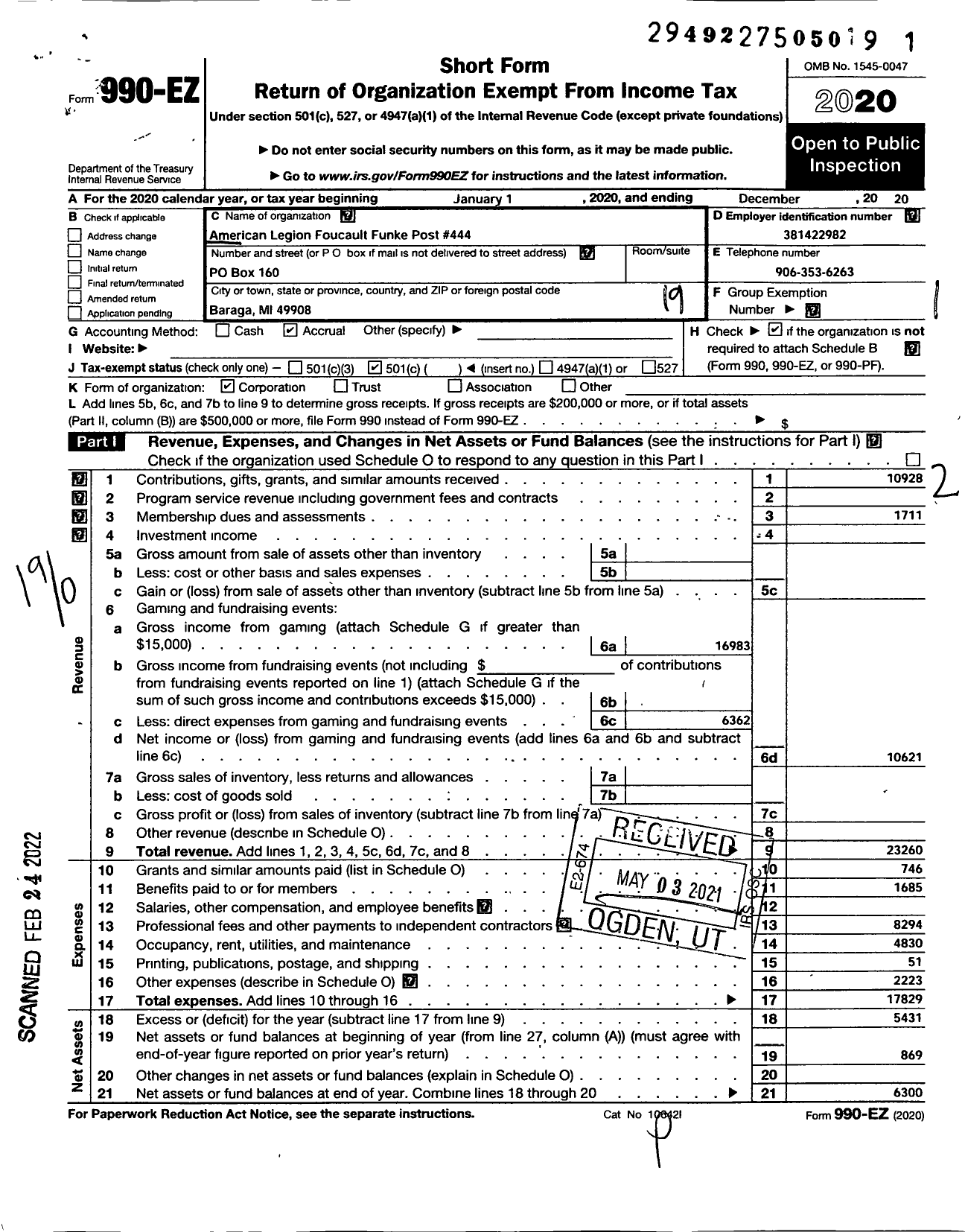 Image of first page of 2020 Form 990EO for American Legion - 0444 Foucault Funke