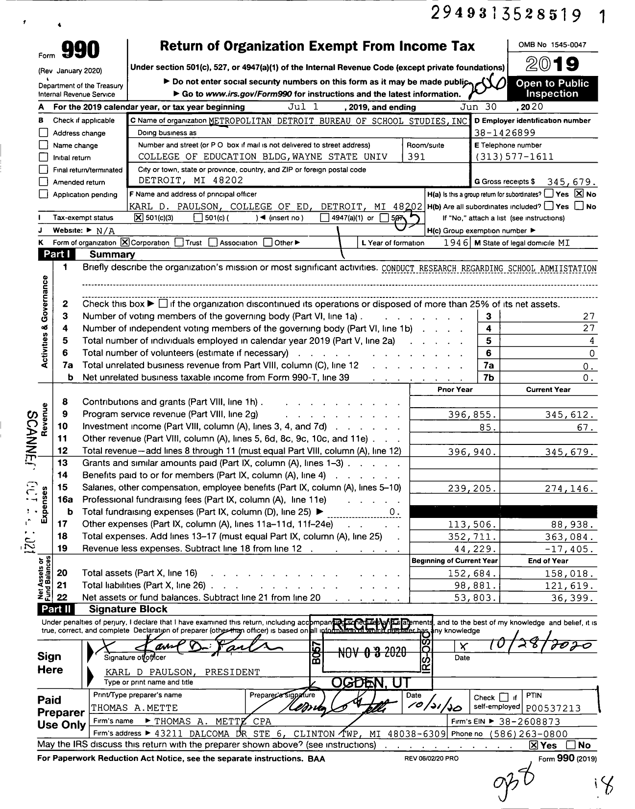 Image of first page of 2019 Form 990 for Metropolitan Detroit Bureau of School Studies