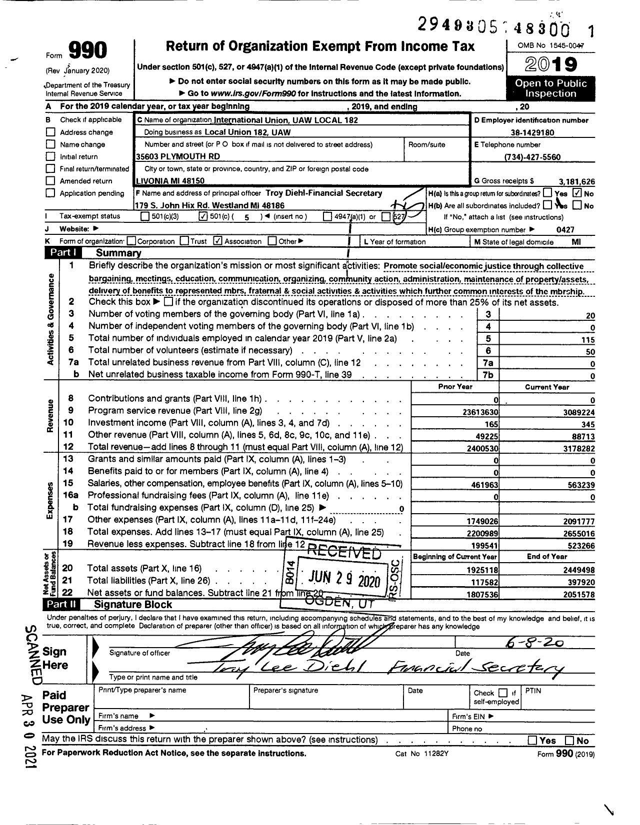 Image of first page of 2019 Form 990O for UAW - International Union UAW Local182