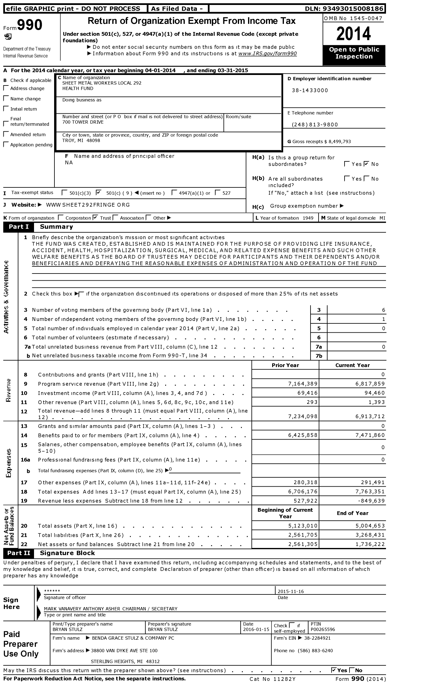 Image of first page of 2014 Form 990O for Sheet Metal Workers Local 292 Health Fund