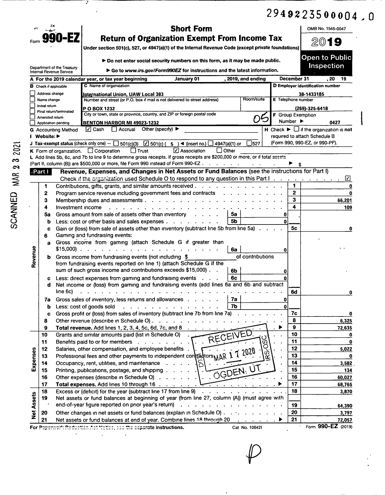 Image of first page of 2019 Form 990EO for UAW - International Union UAW Local 383