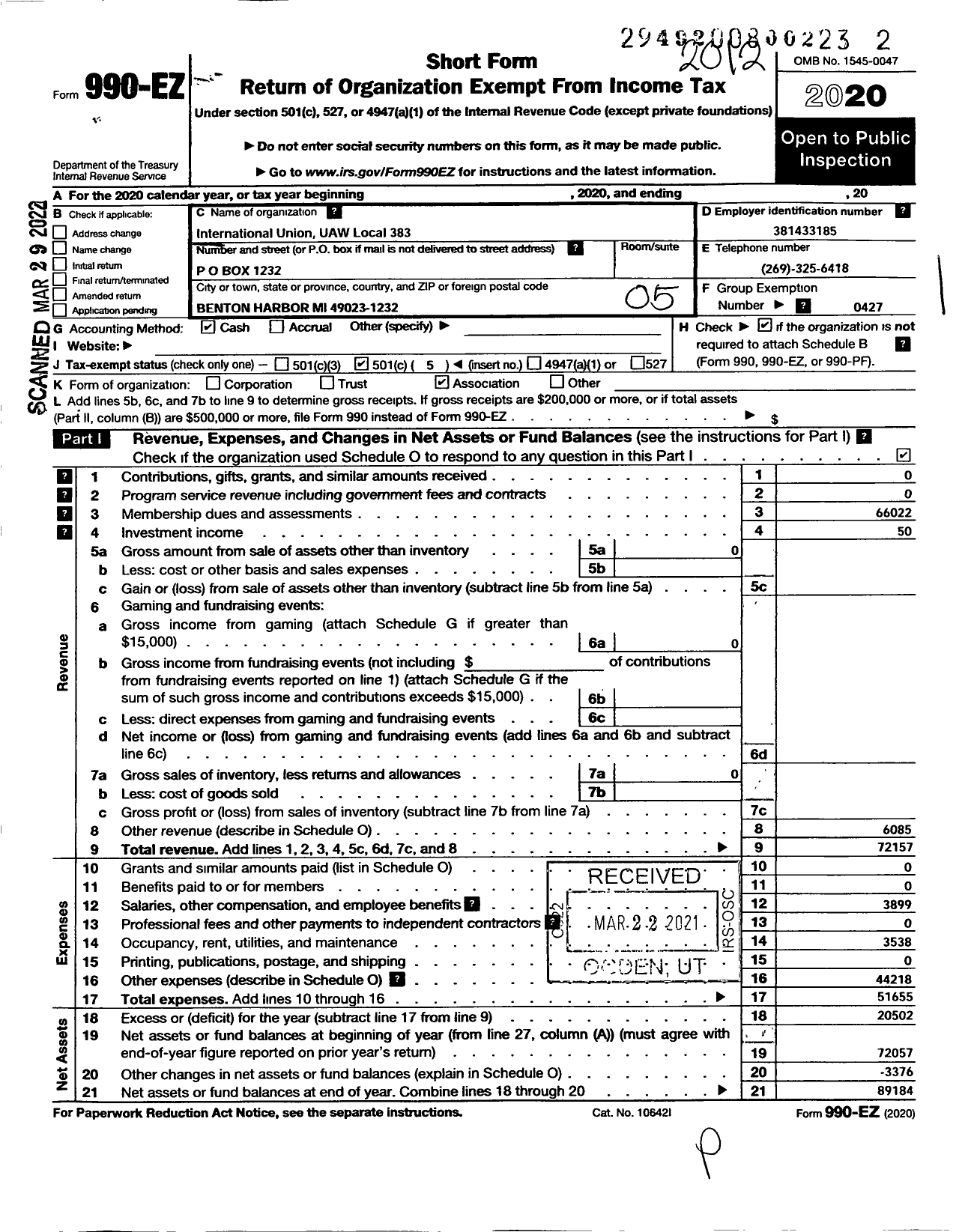 Image of first page of 2020 Form 990EO for UAW - International Union UAW Local 383