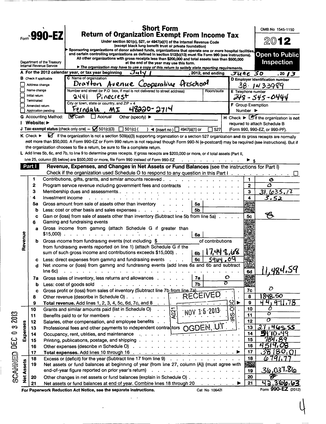 Image of first page of 2012 Form 990EZ for Drayton Avenue Cooperative Nurservy