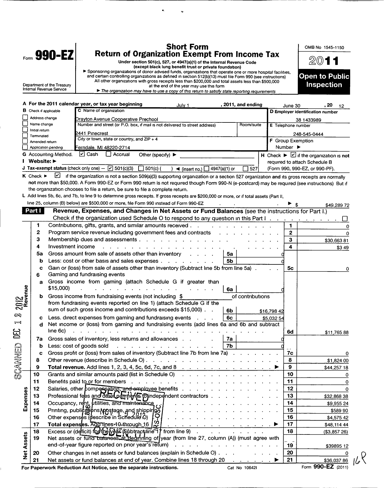 Image of first page of 2011 Form 990EZ for Drayton Avenue Cooperative Nurservy