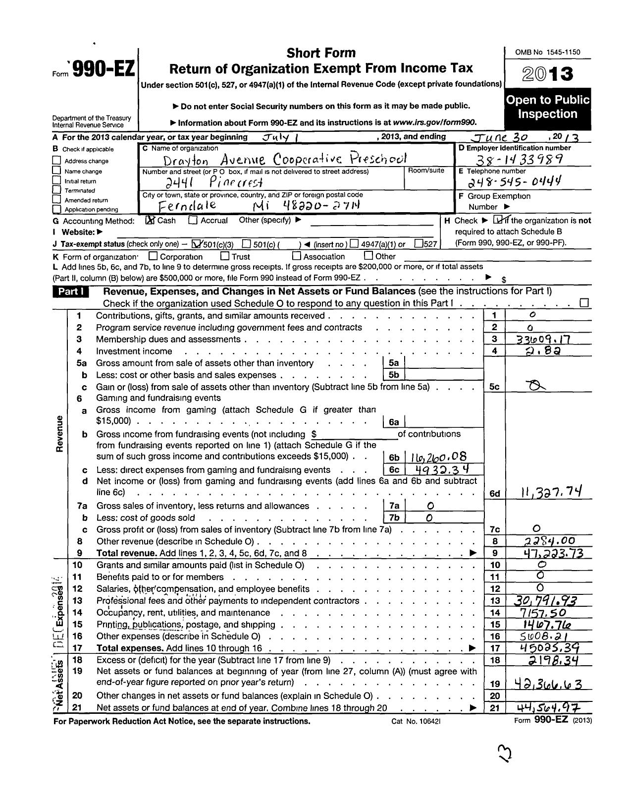 Image of first page of 2012 Form 990EZ for Drayton Avenue Cooperative Nurservy