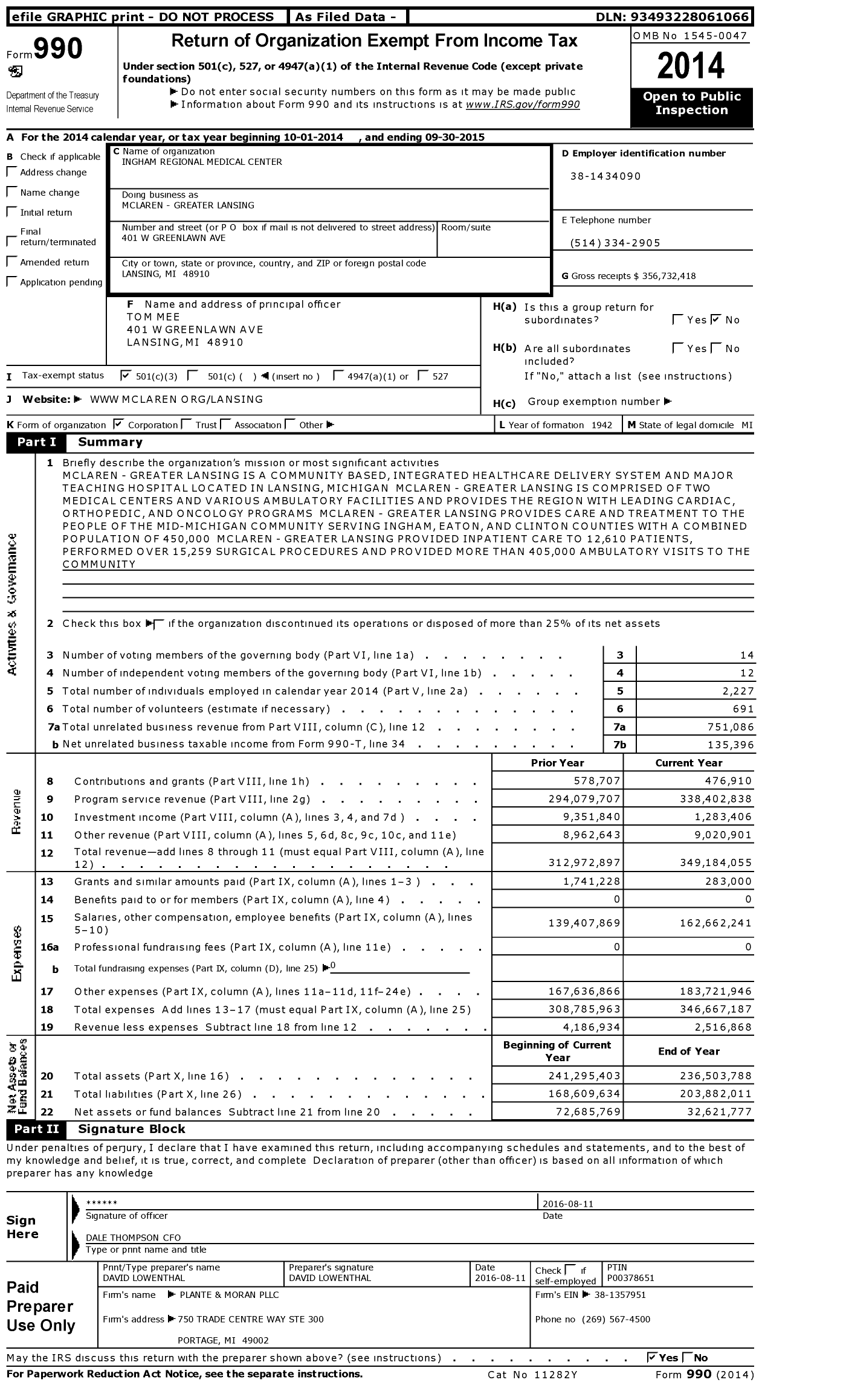 Image of first page of 2014 Form 990 for Mclaren Greater Lansing (MGL)