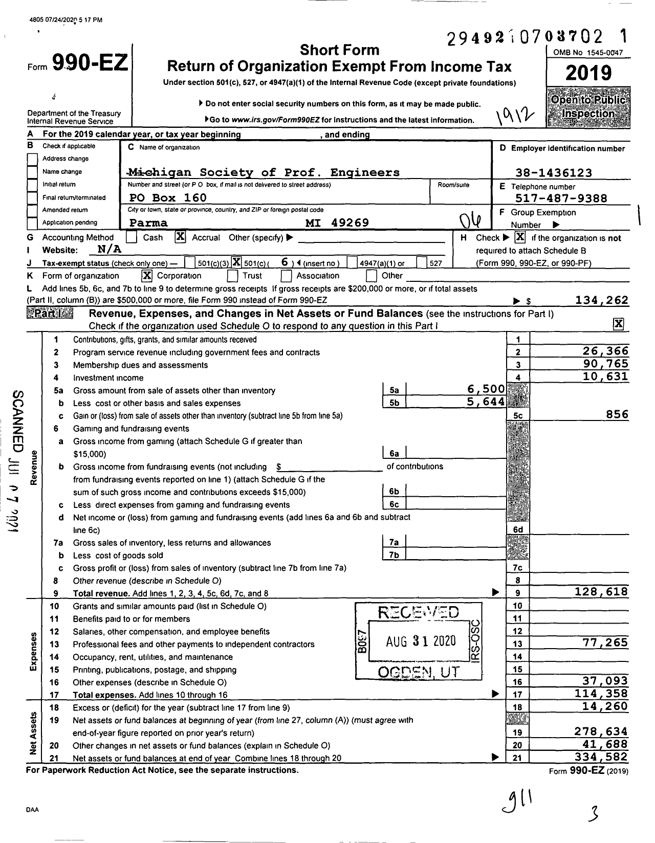 Image of first page of 2019 Form 990EO for Michigan Society of Professional Engineers