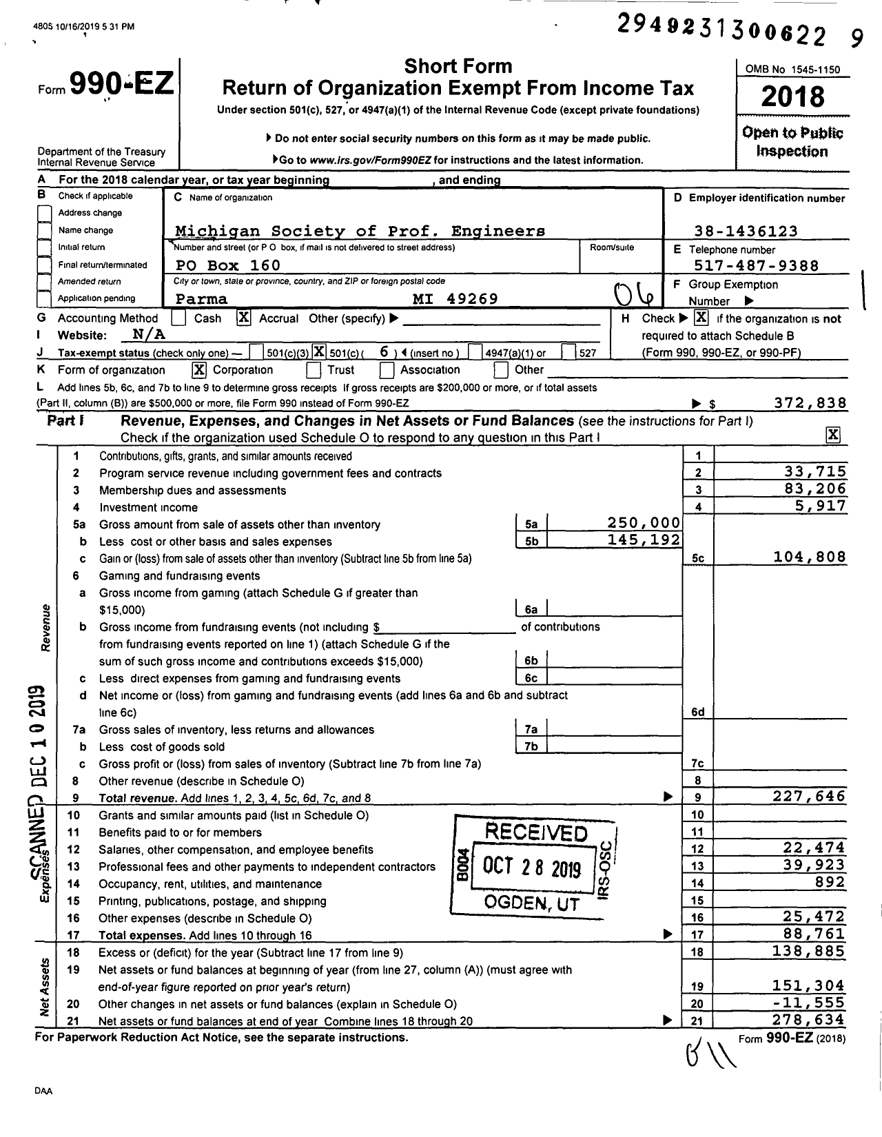 Image of first page of 2018 Form 990EO for Michigan Society of Professional Engineers