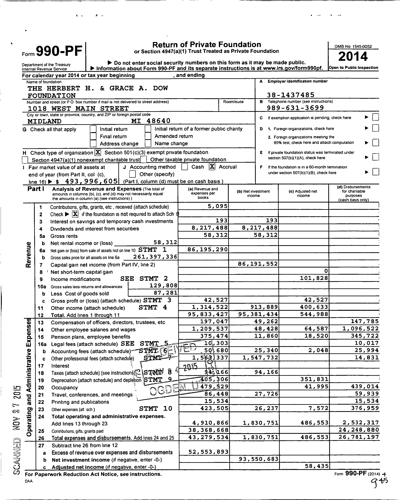 Image of first page of 2014 Form 990PF for Herbert H. & Grace A. Dow Foundation