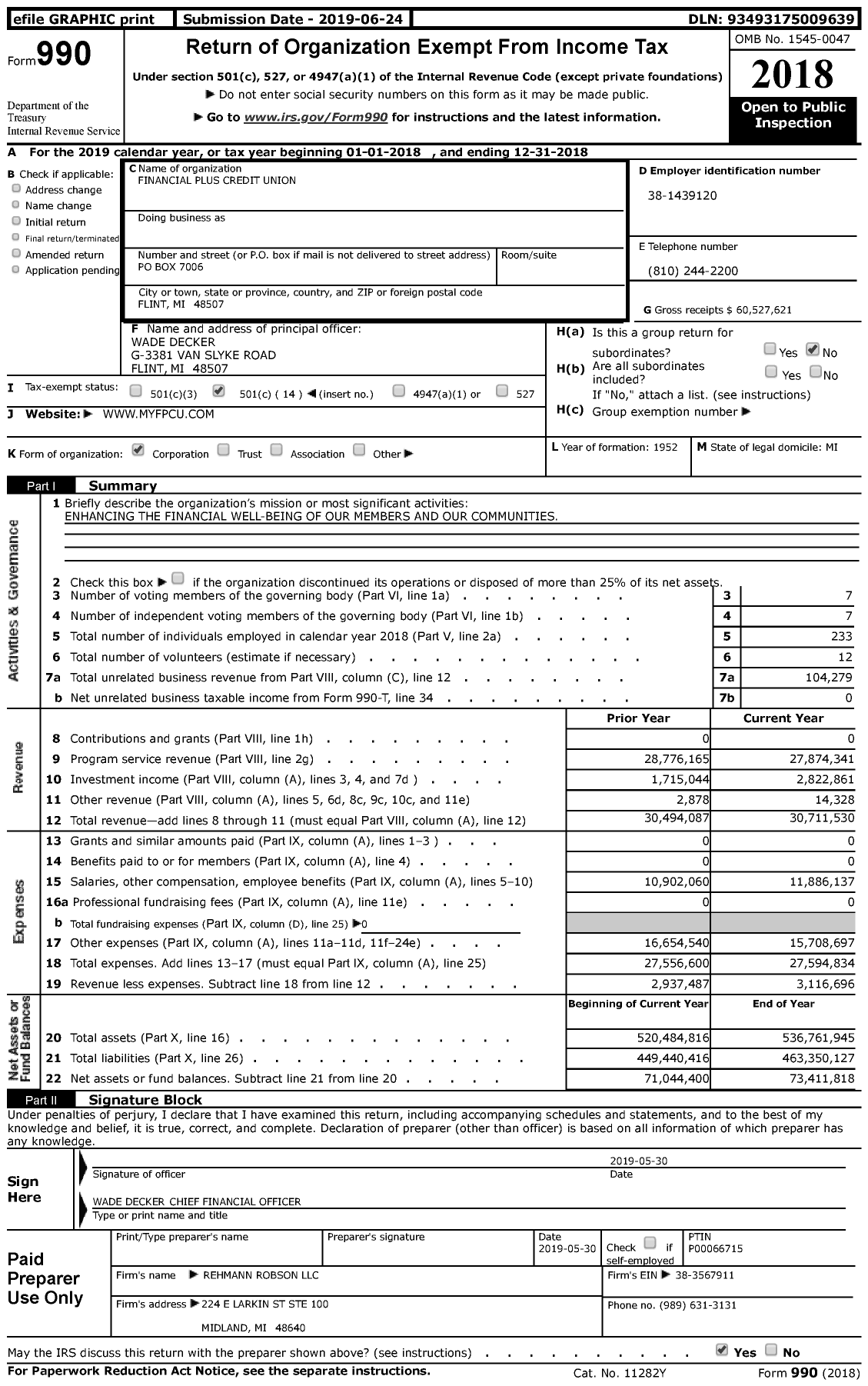 Image of first page of 2018 Form 990 for Credit Unions Chartered in the State of Michigan - 1200 Financial Plus Credit Union