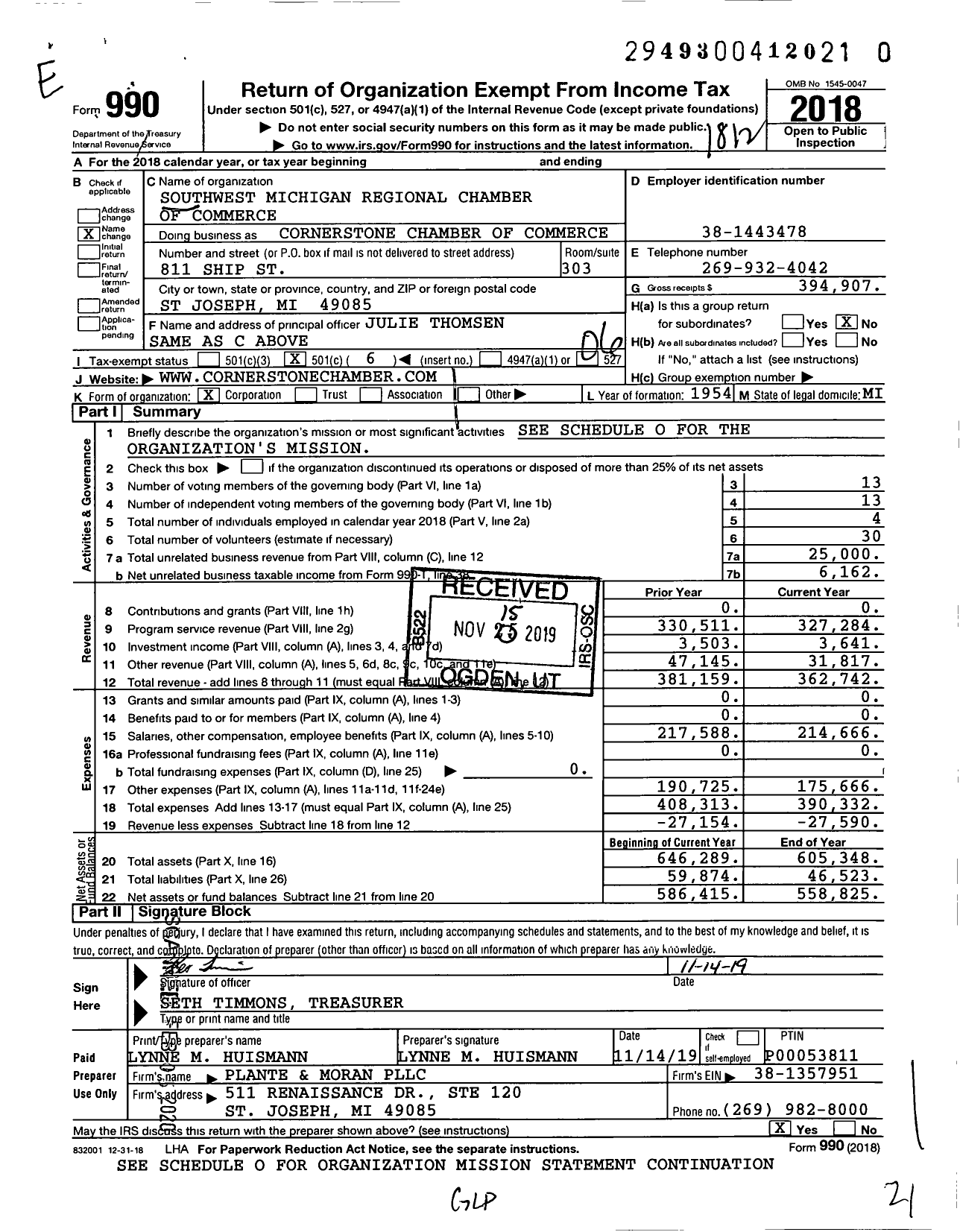 Image of first page of 2018 Form 990O for Cornerstone Chamber of Commerce