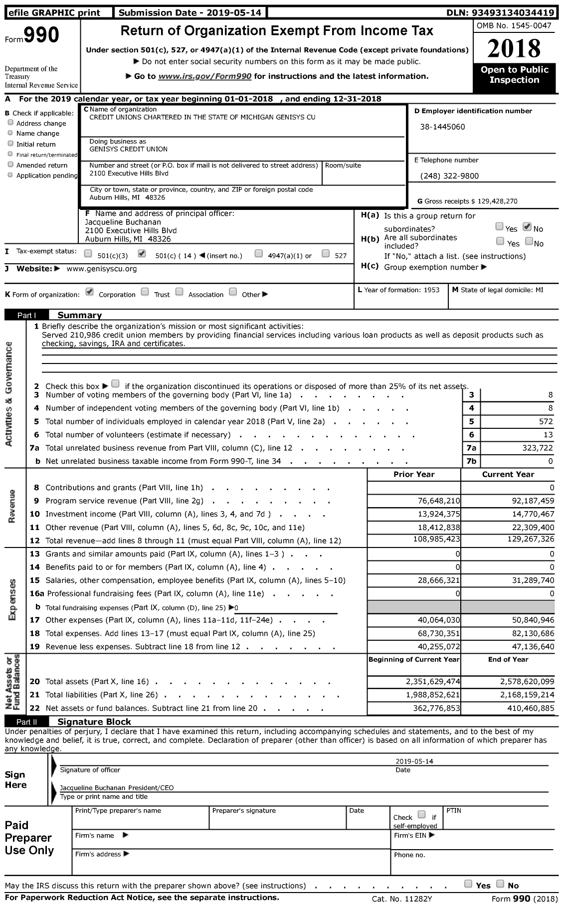 Image of first page of 2018 Form 990 for Credit UNIONS CHARTERED IN THE STATE OF MICHIGAN - 1192 Genisys Credit Union