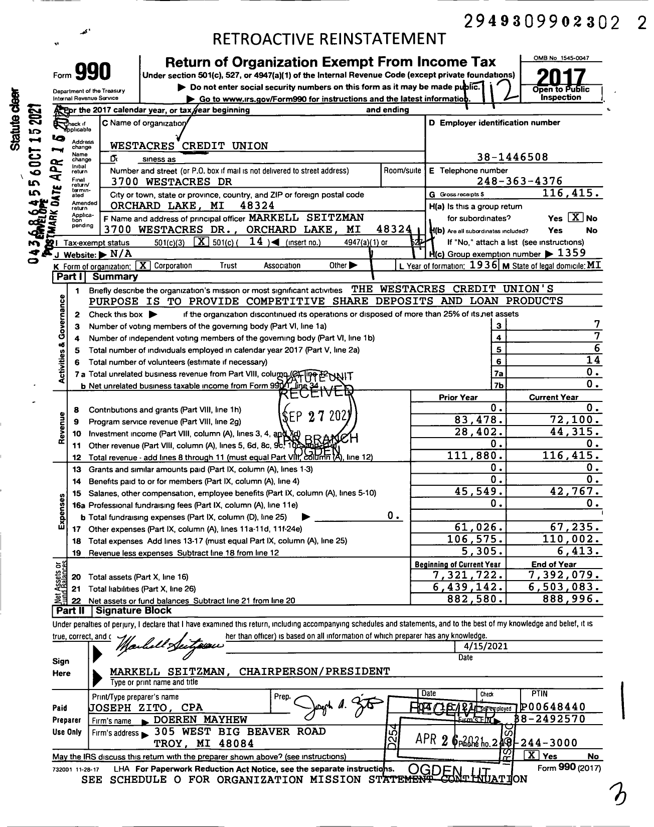 Image of first page of 2017 Form 990O for Credit Unions Chartered in the State of Michigan - 129 Westacres Credit Union