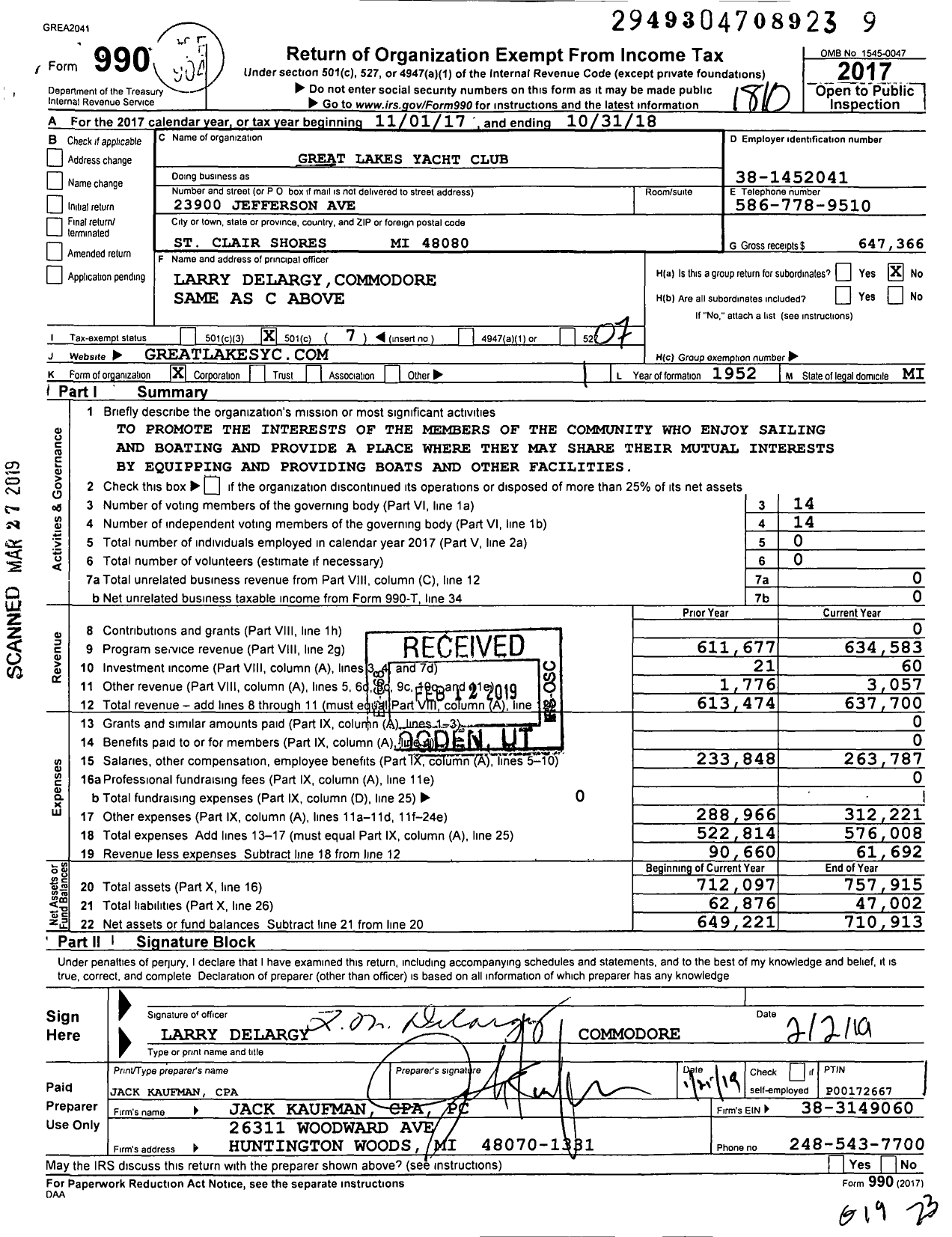Image of first page of 2017 Form 990O for Great Lakes Yacht Club