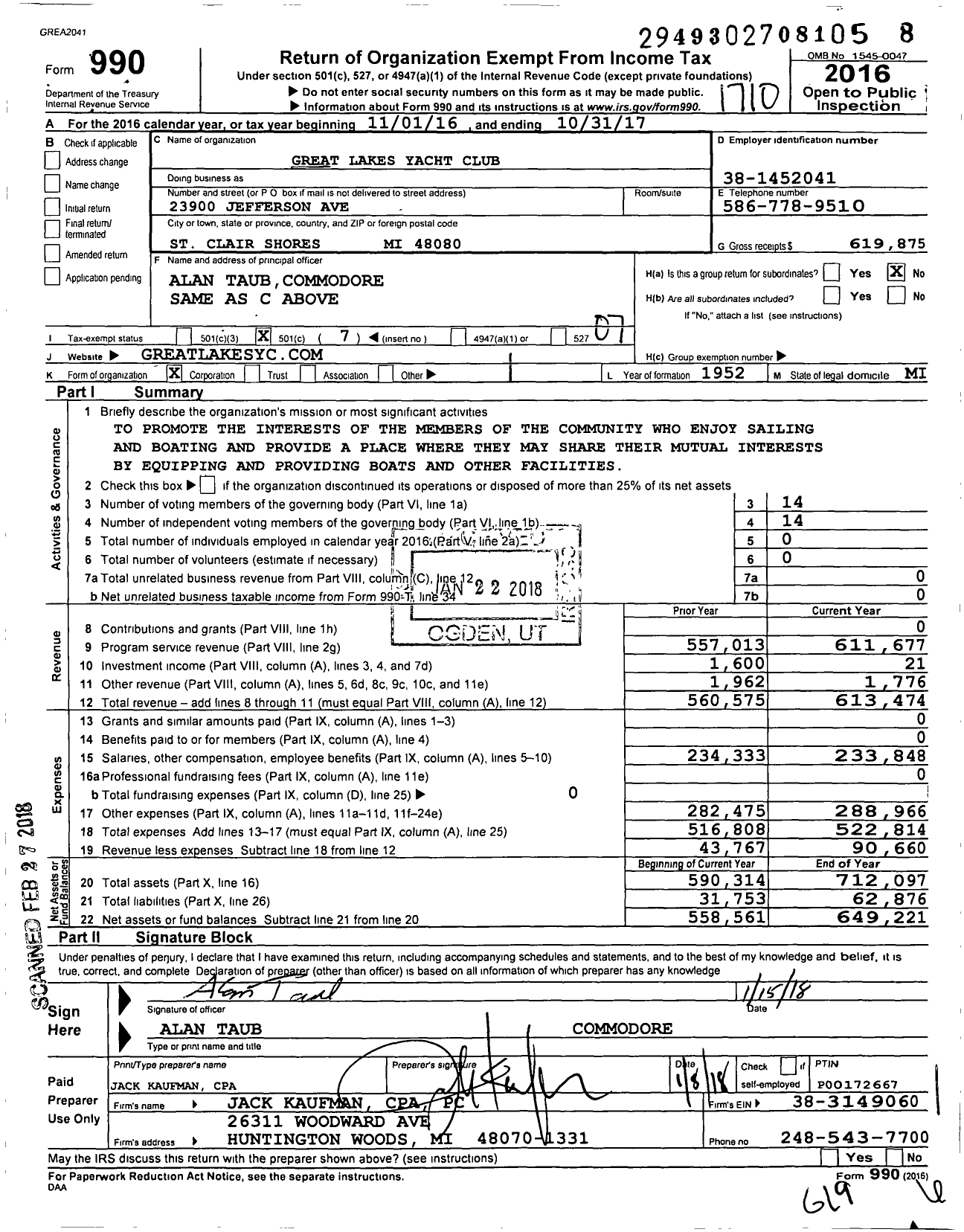 Image of first page of 2016 Form 990O for Great Lakes Yacht Club
