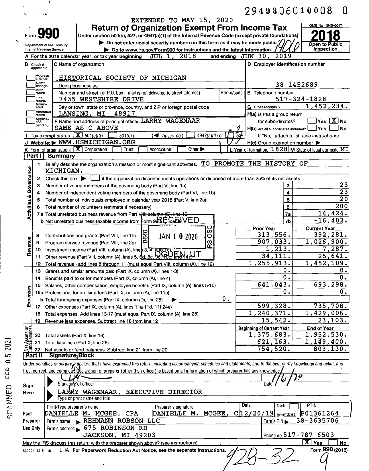 Image of first page of 2018 Form 990 for Historical Society of Michigan (HSM)