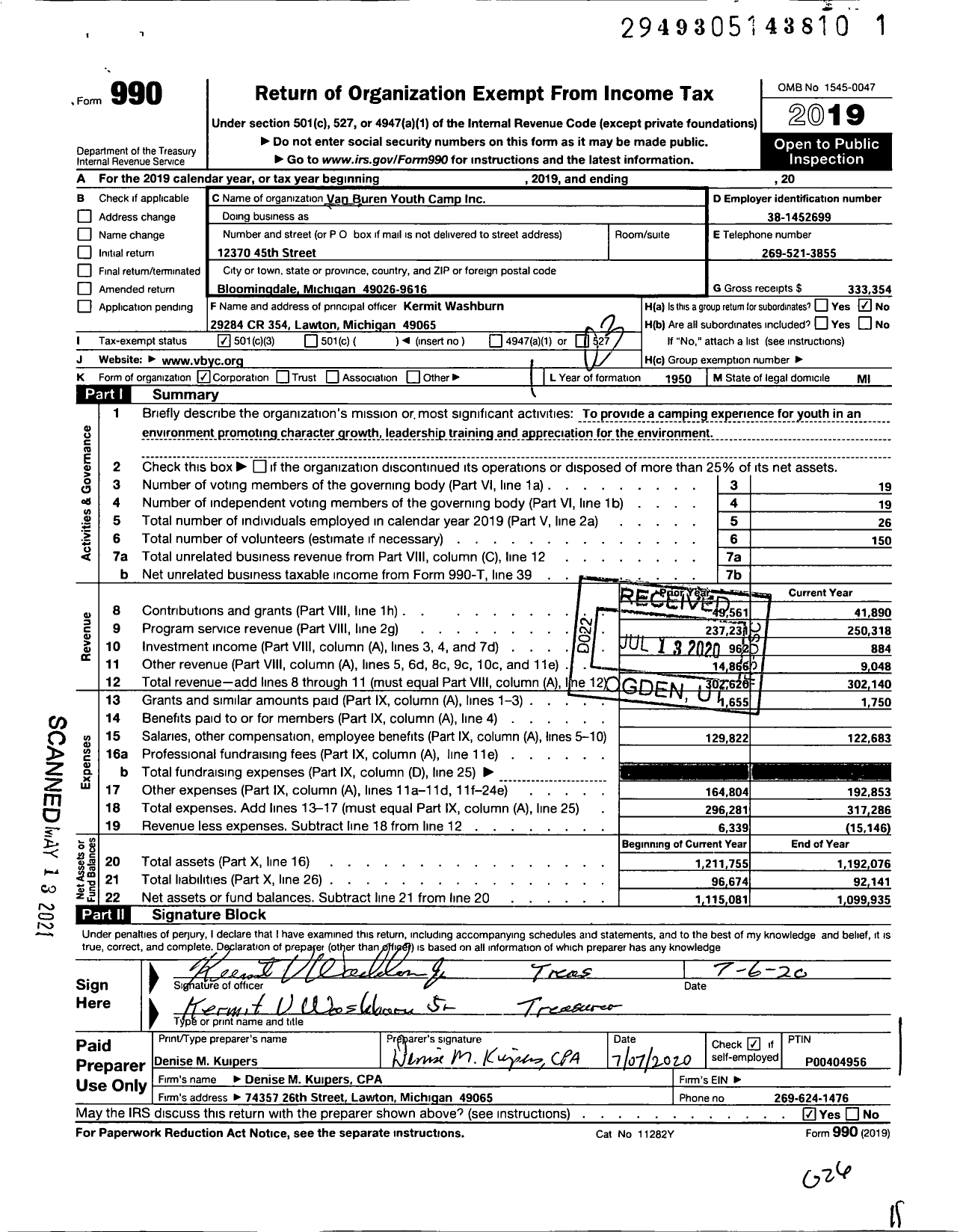 Image of first page of 2019 Form 990 for Van Buren Youth Camp