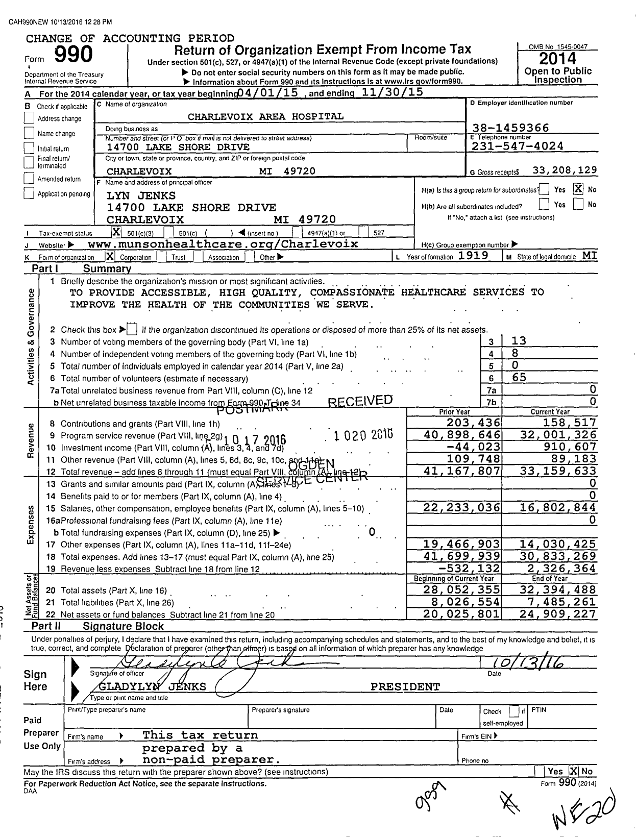 Image of first page of 2014 Form 990 for Munson Healthcare Charlevoix Hospital