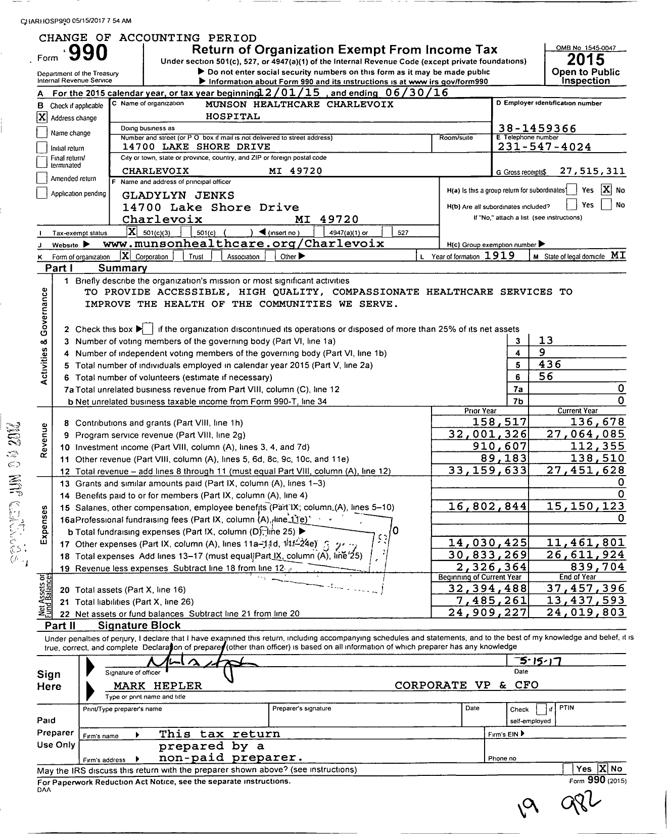 Image of first page of 2015 Form 990 for Munson Healthcare Charlevoix Hospital