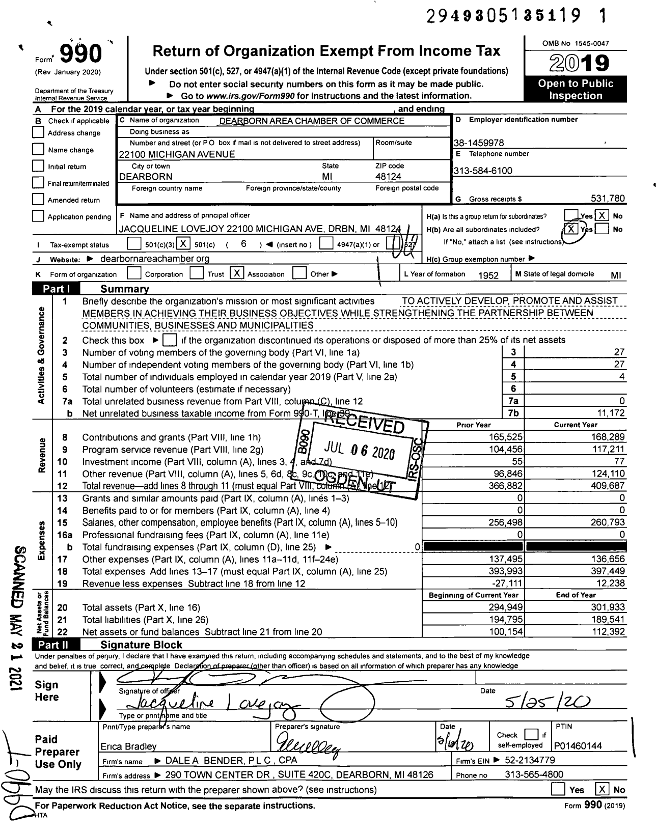 Image of first page of 2019 Form 990O for Dearborn Area Chamber of Commerce