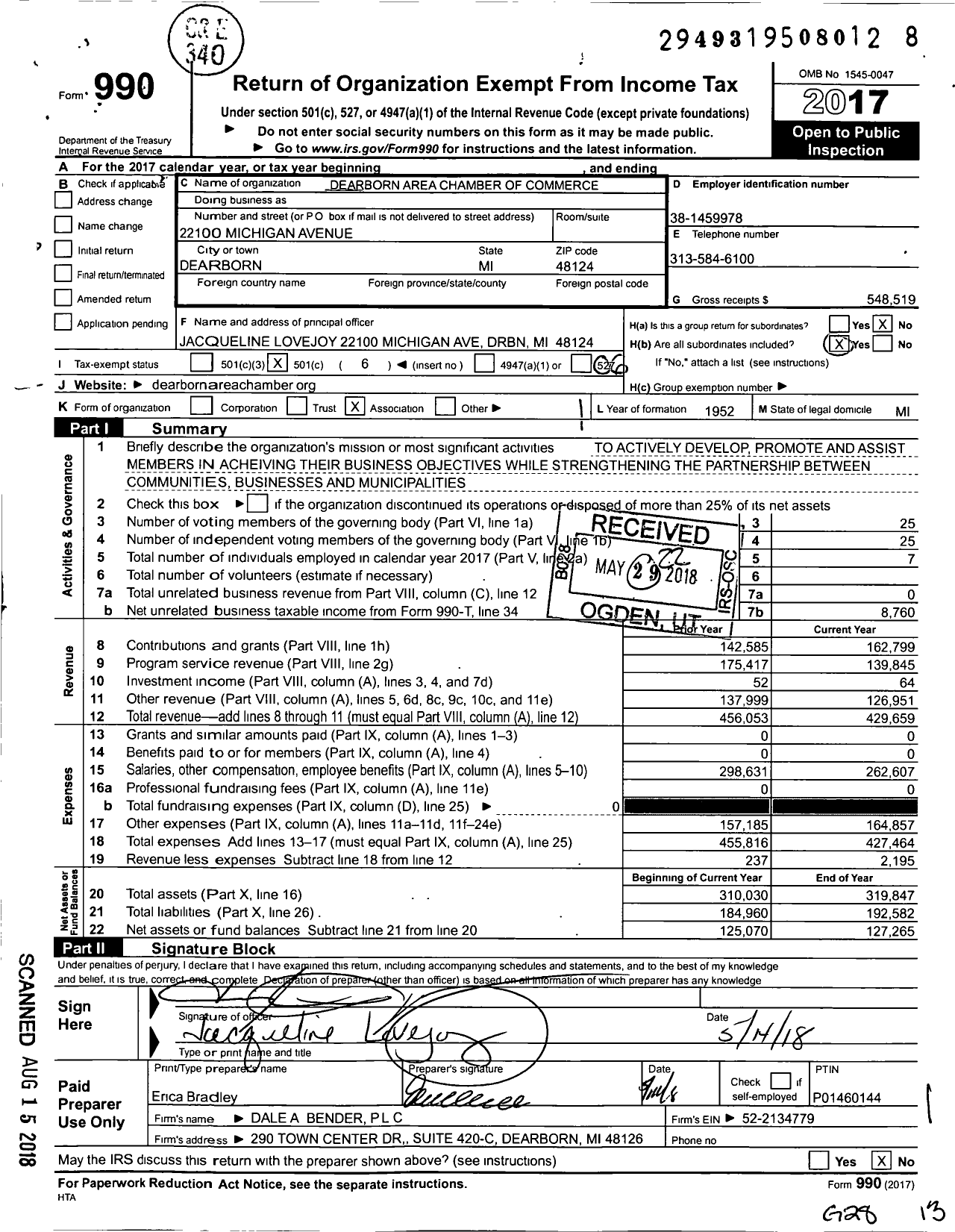 Image of first page of 2017 Form 990O for Dearborn Area Chamber of Commerce