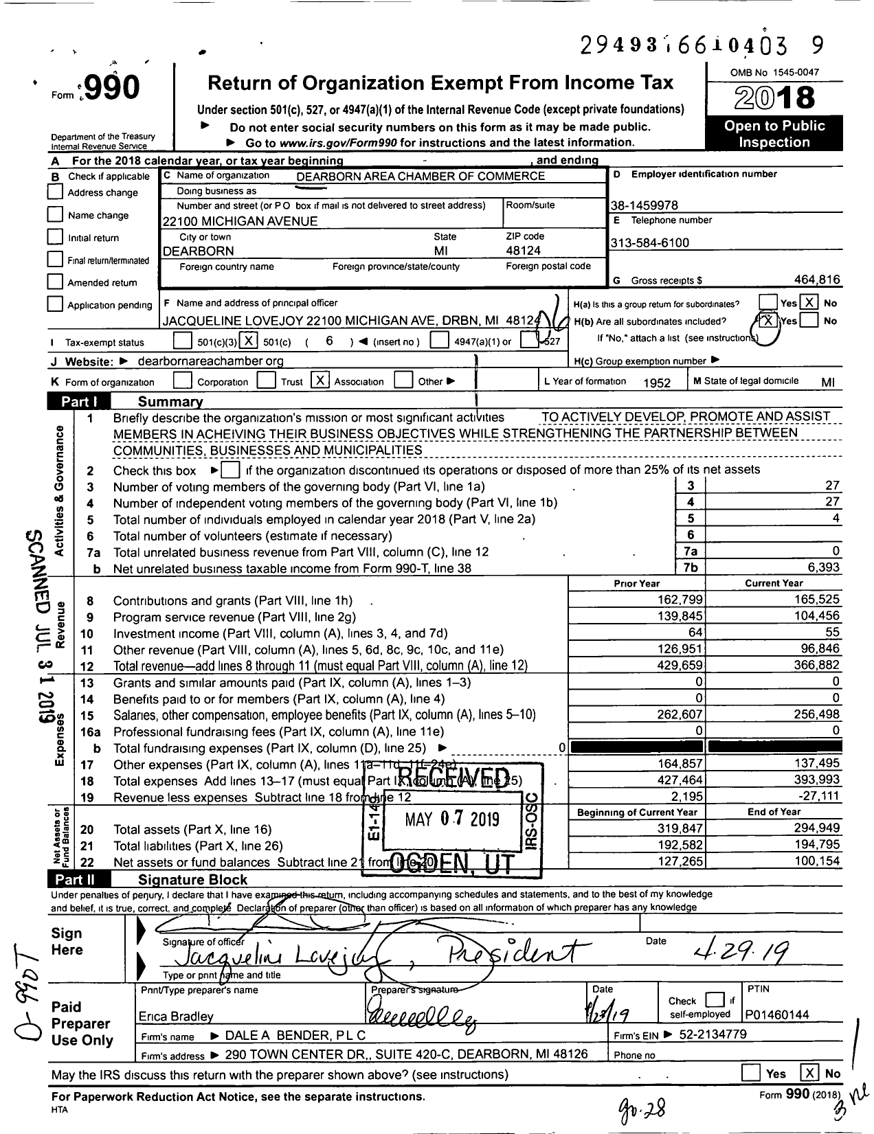 Image of first page of 2018 Form 990O for Dearborn Area Chamber of Commerce