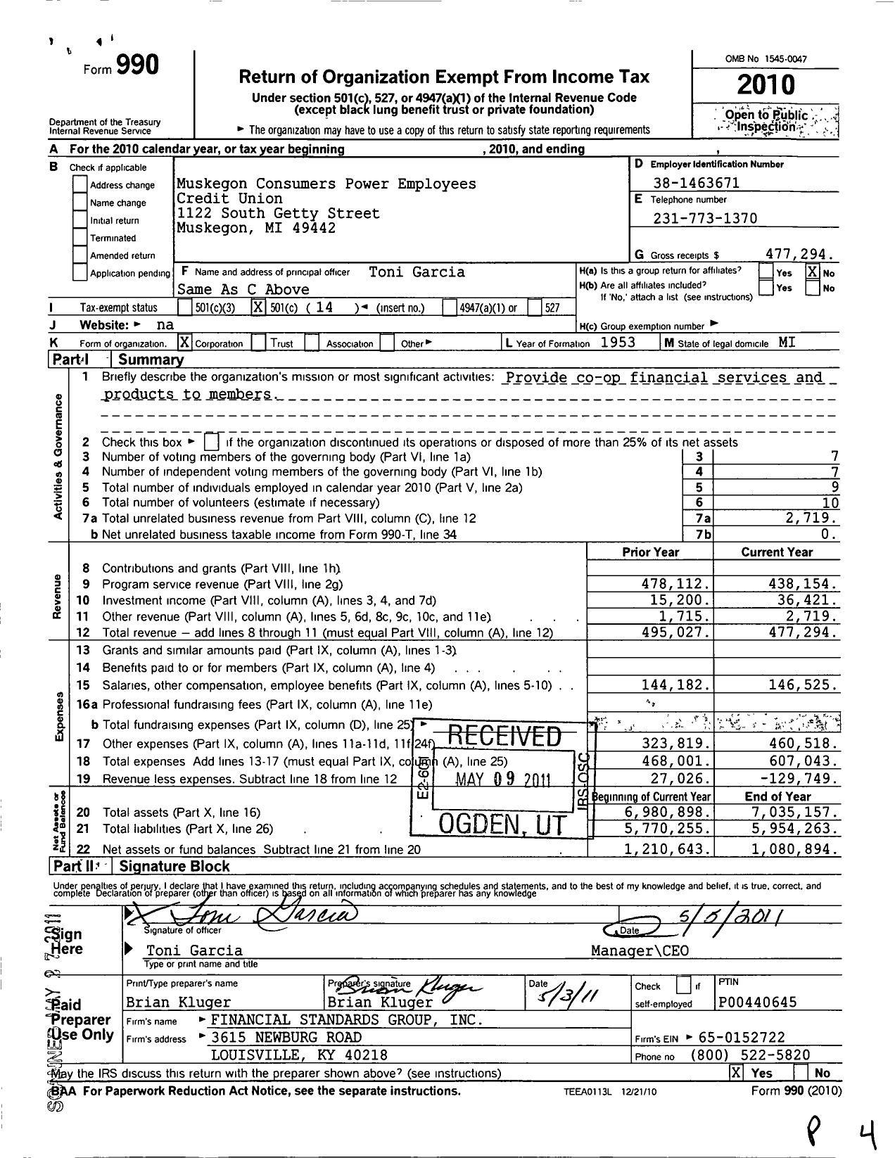 Image of first page of 2010 Form 990O for Credit Unions Chartered in the State of Michigan - 323 Muskegon Consumers PWR Emp C U