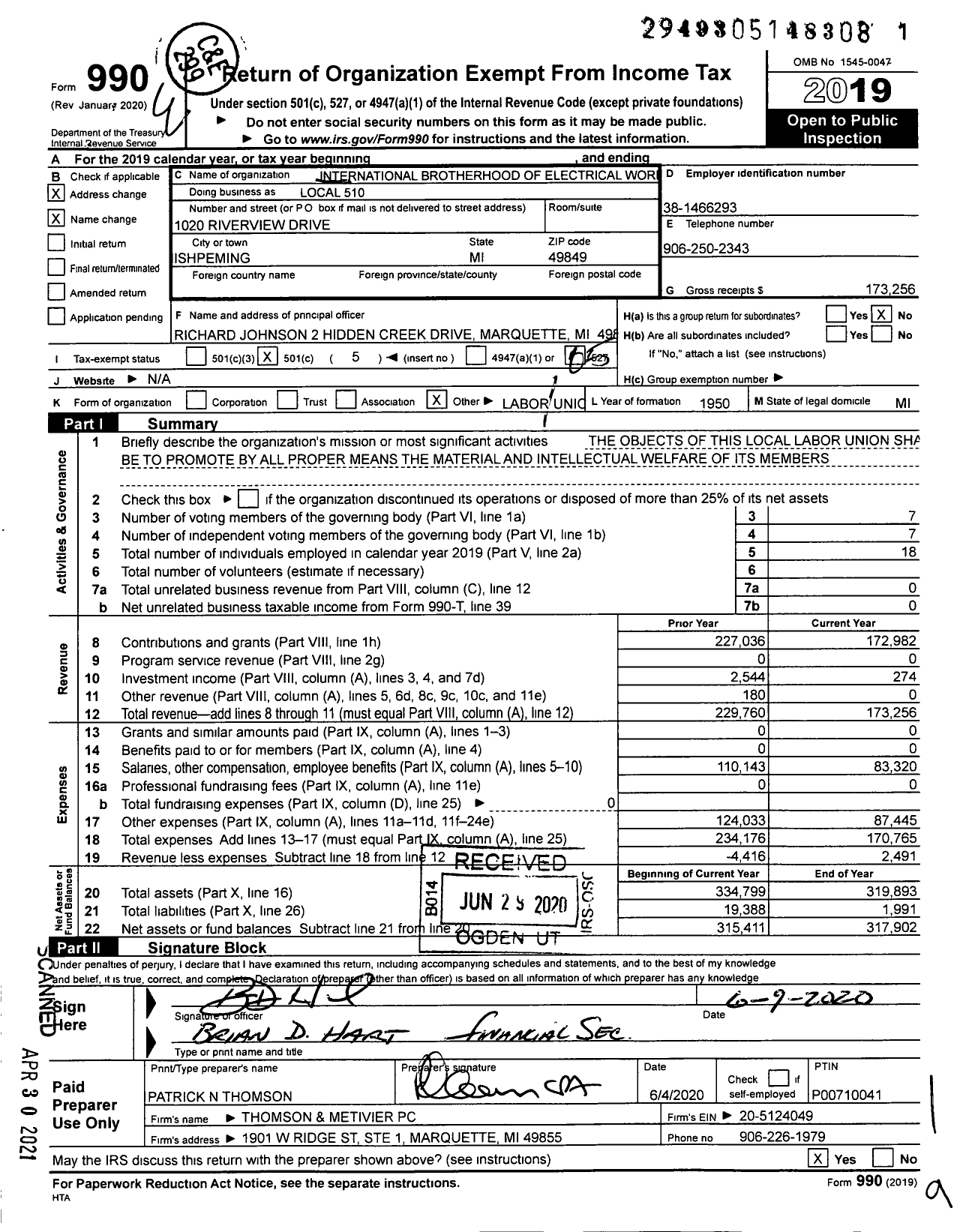 Image of first page of 2019 Form 990O for International Brotherhood of Electrical Workers - 510 Local Union