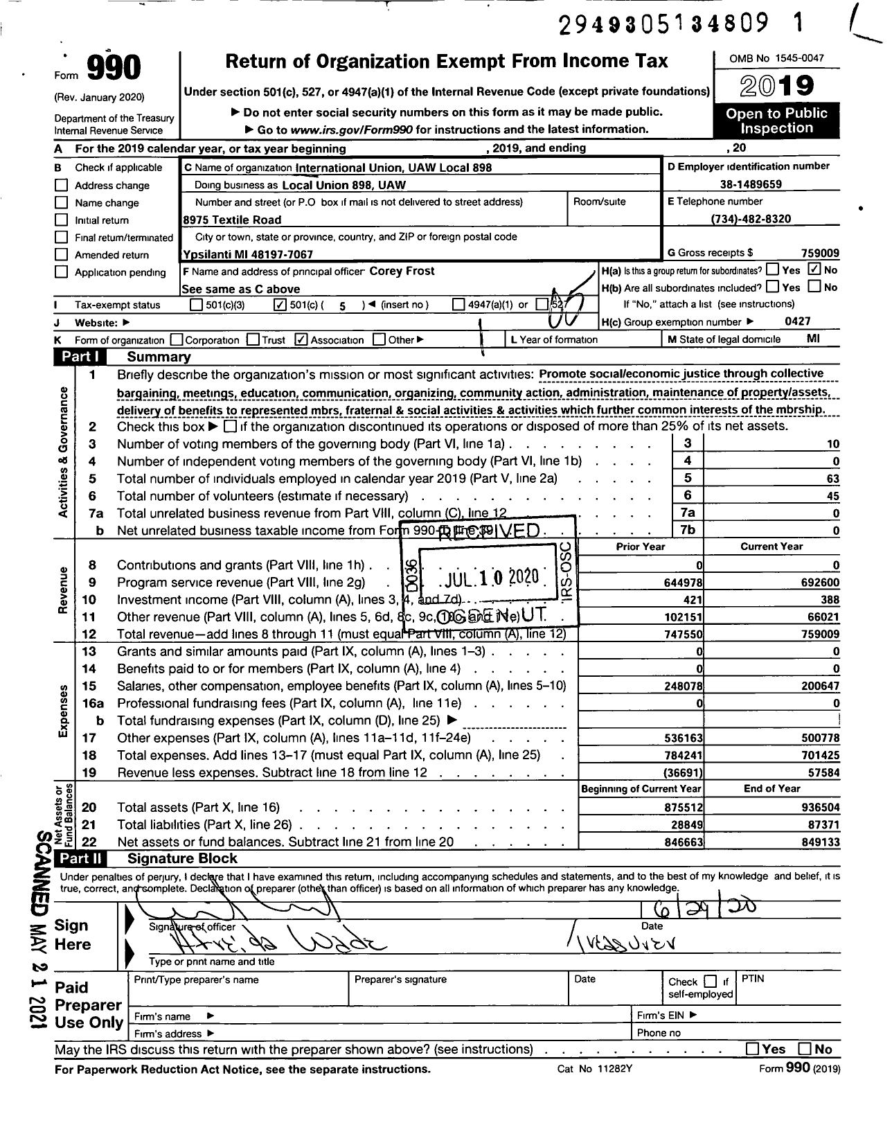 Image of first page of 2019 Form 990O for UAW - Local Union 898 UAW