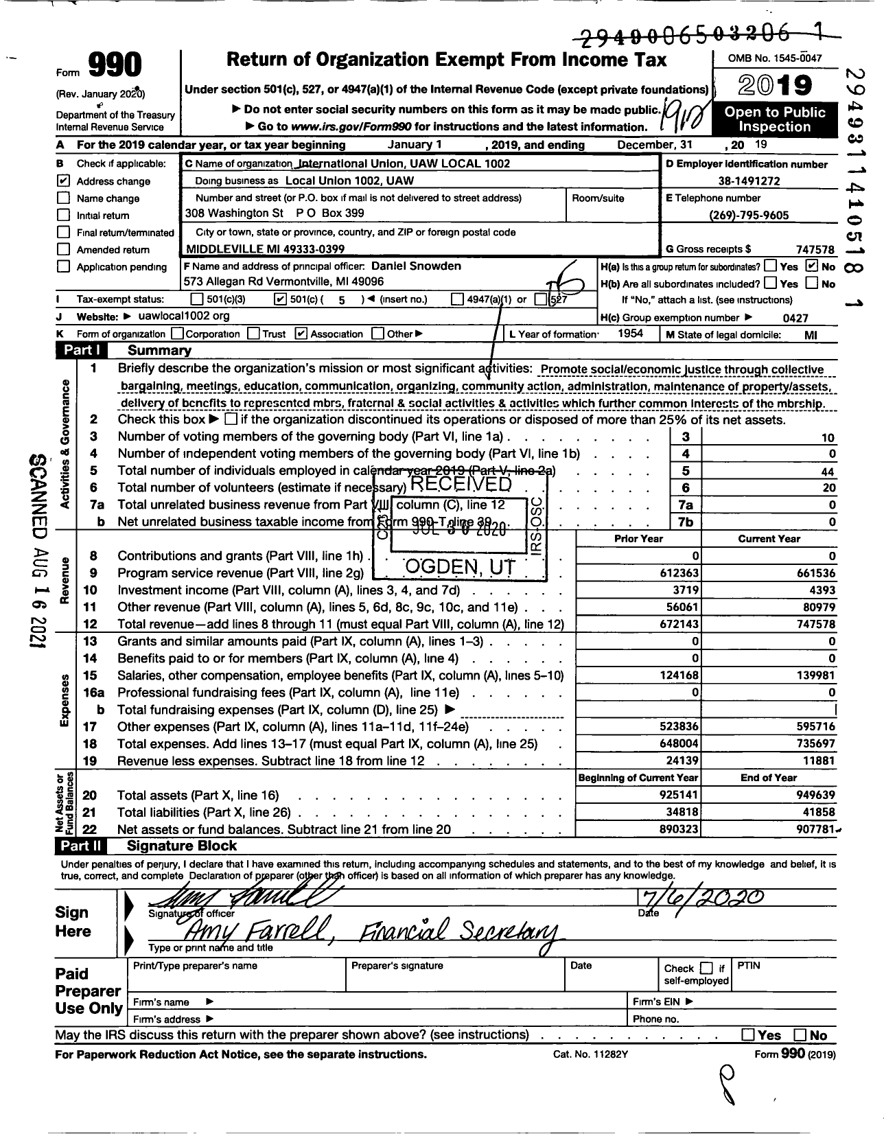 Image of first page of 2019 Form 990O for UAW - International Union UAW LOCAL 1002