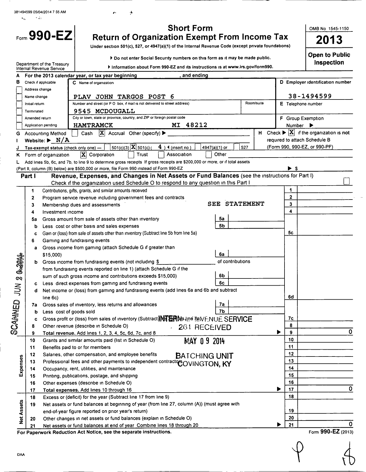 Image of first page of 2013 Form 990EO for Polish Legion of American Veterans USA - 6 Corporal John Targosz Post