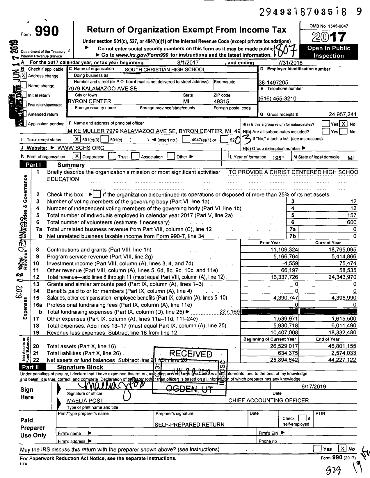 Image of first page of 2017 Form 990 for South Christian High School (SCHS)