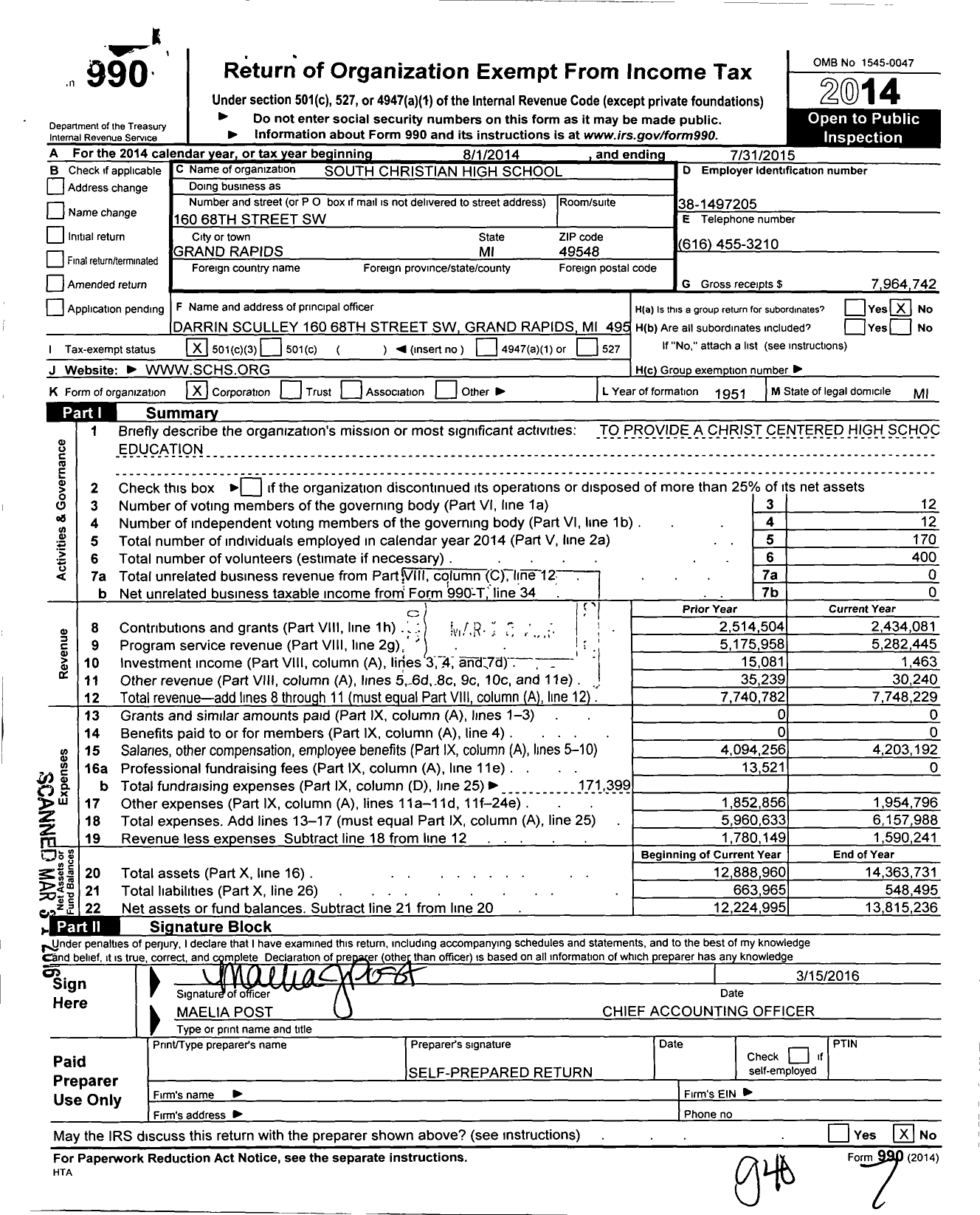 Image of first page of 2014 Form 990 for South Christian High School (SCHS)