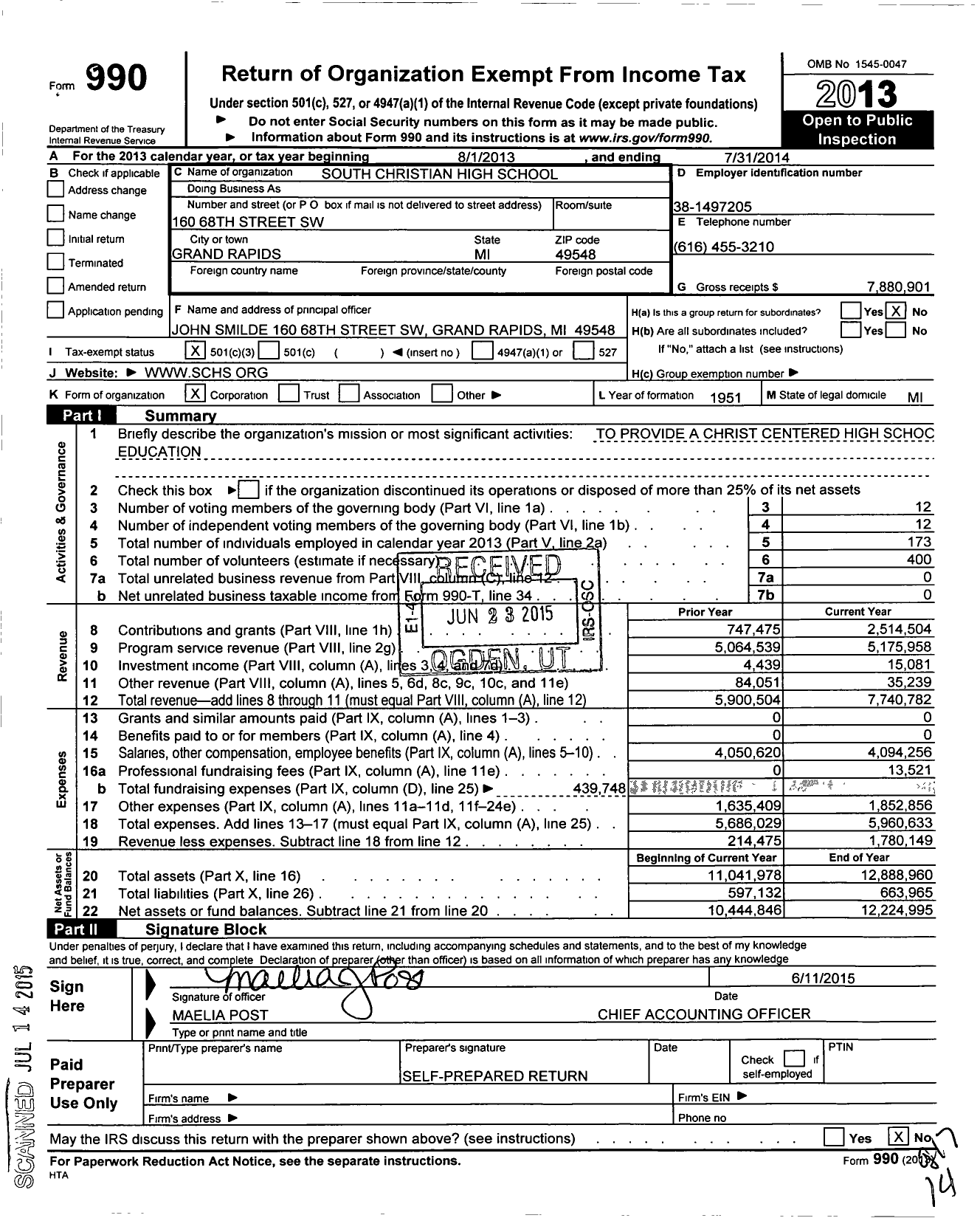Image of first page of 2013 Form 990 for South Christian High School (SCHS)