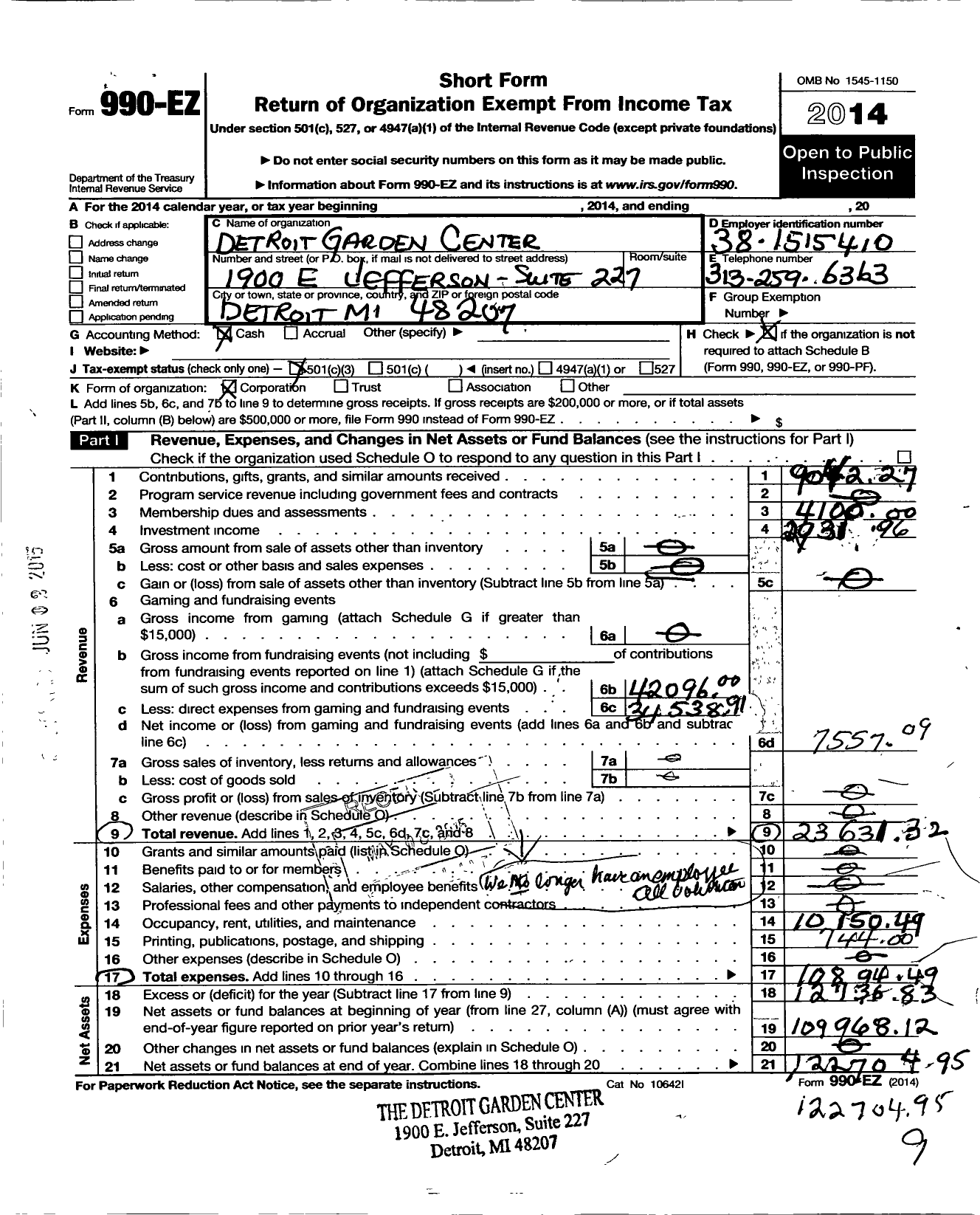 Image of first page of 2014 Form 990EZ for Detroit Garden Center