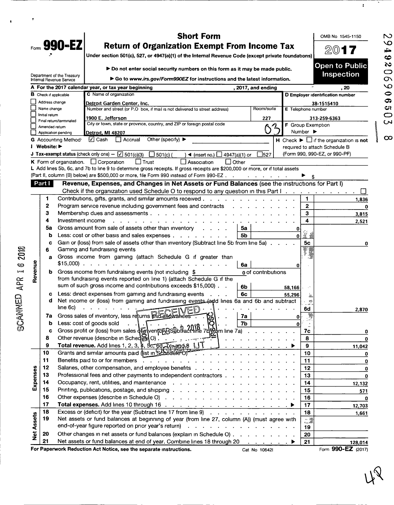 Image of first page of 2017 Form 990EZ for Detroit Garden Center
