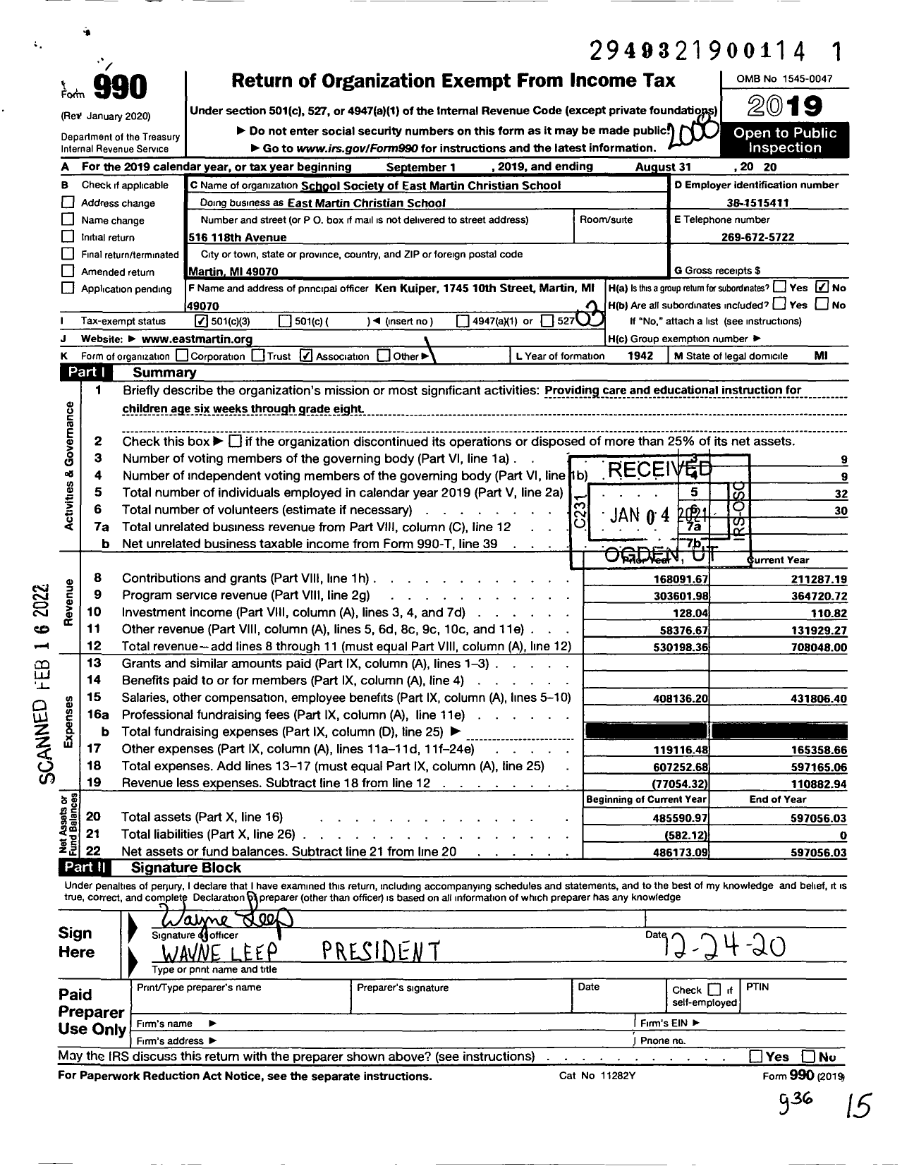 Image of first page of 2019 Form 990 for School Society of East Martin Christian School