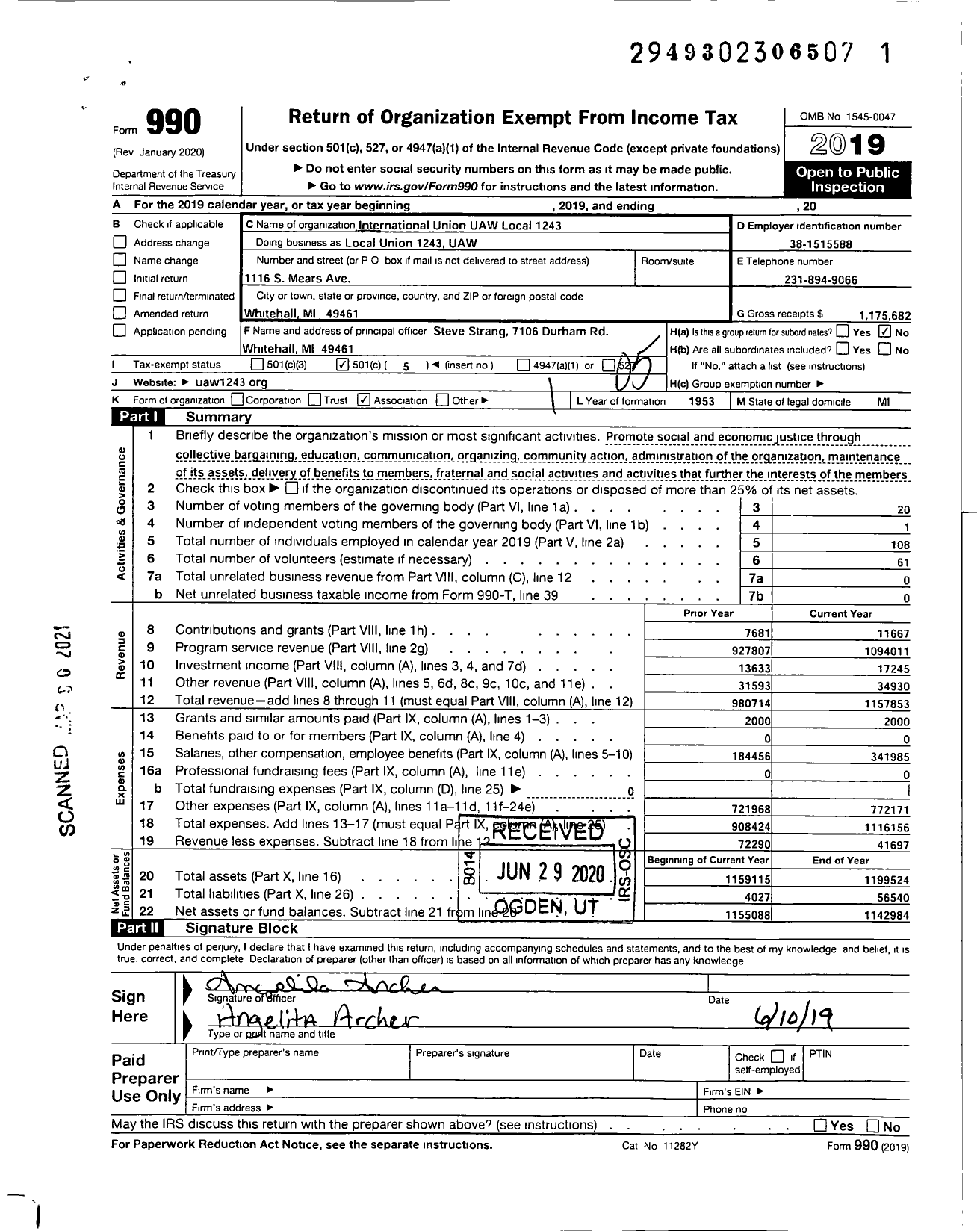 Image of first page of 2019 Form 990O for Uaw - United Local 1243 Uaw