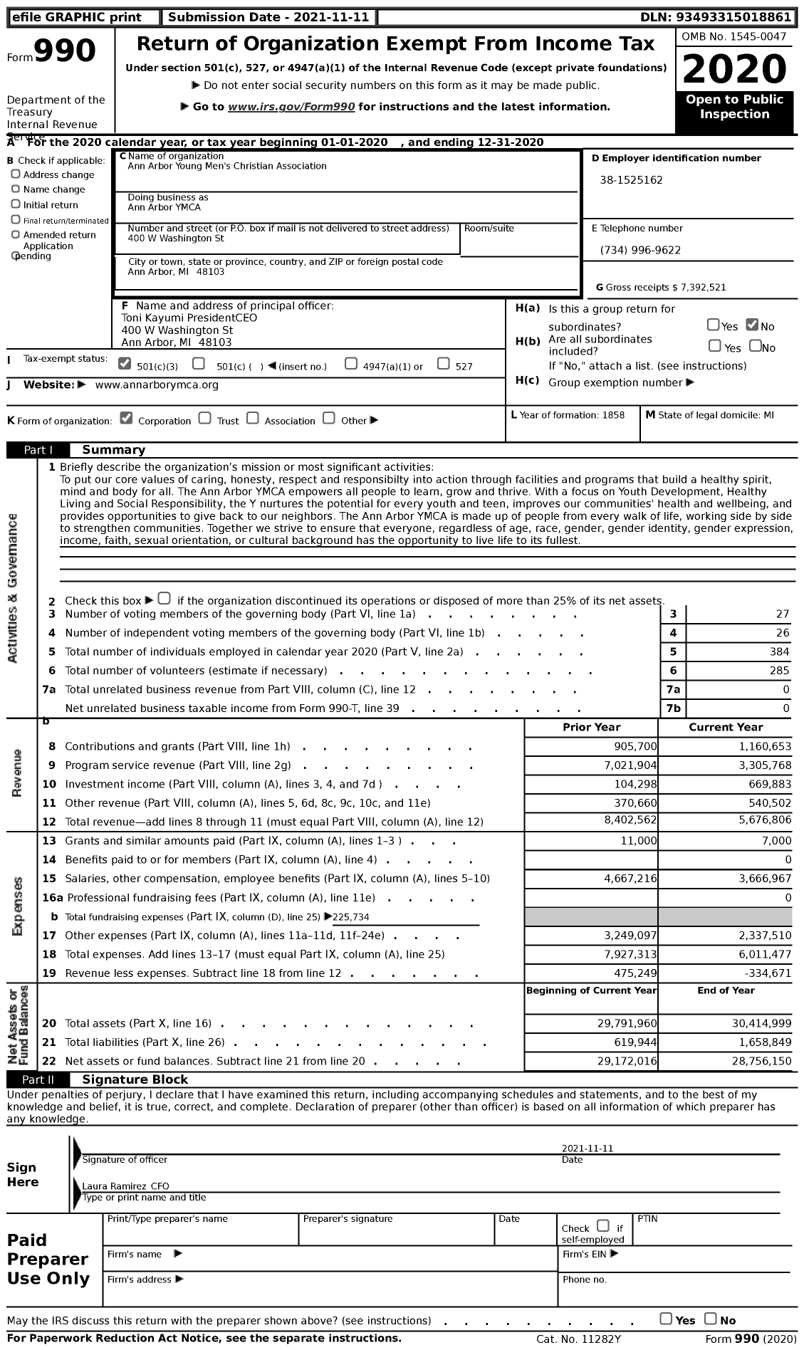 Image of first page of 2020 Form 990 for Ann Arbor YMCA