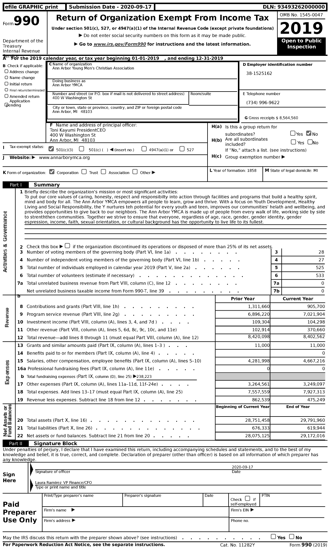 Image of first page of 2019 Form 990 for Ann Arbor YMCA