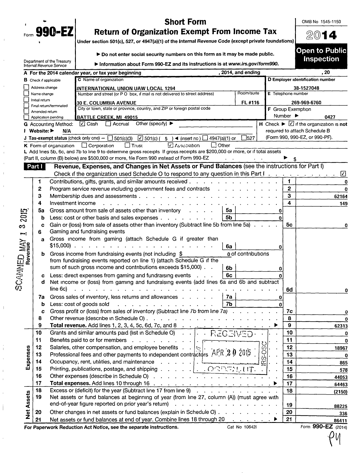 Image of first page of 2014 Form 990EO for Uaw - 1294 Uaw Local (1294 Uaw Local)