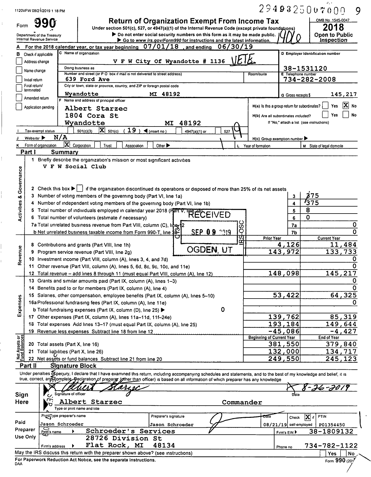 Image of first page of 2018 Form 990O for VFW Department of Michigan - Dist 4 City of Wyandotte 1136