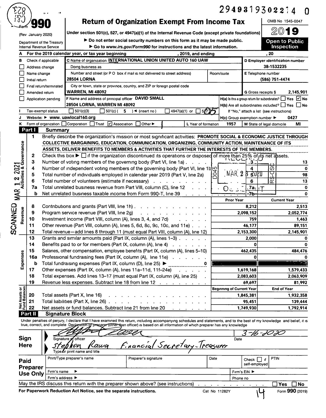 Image of first page of 2019 Form 990O for Uaw - International Union United Auto 160 Uaw