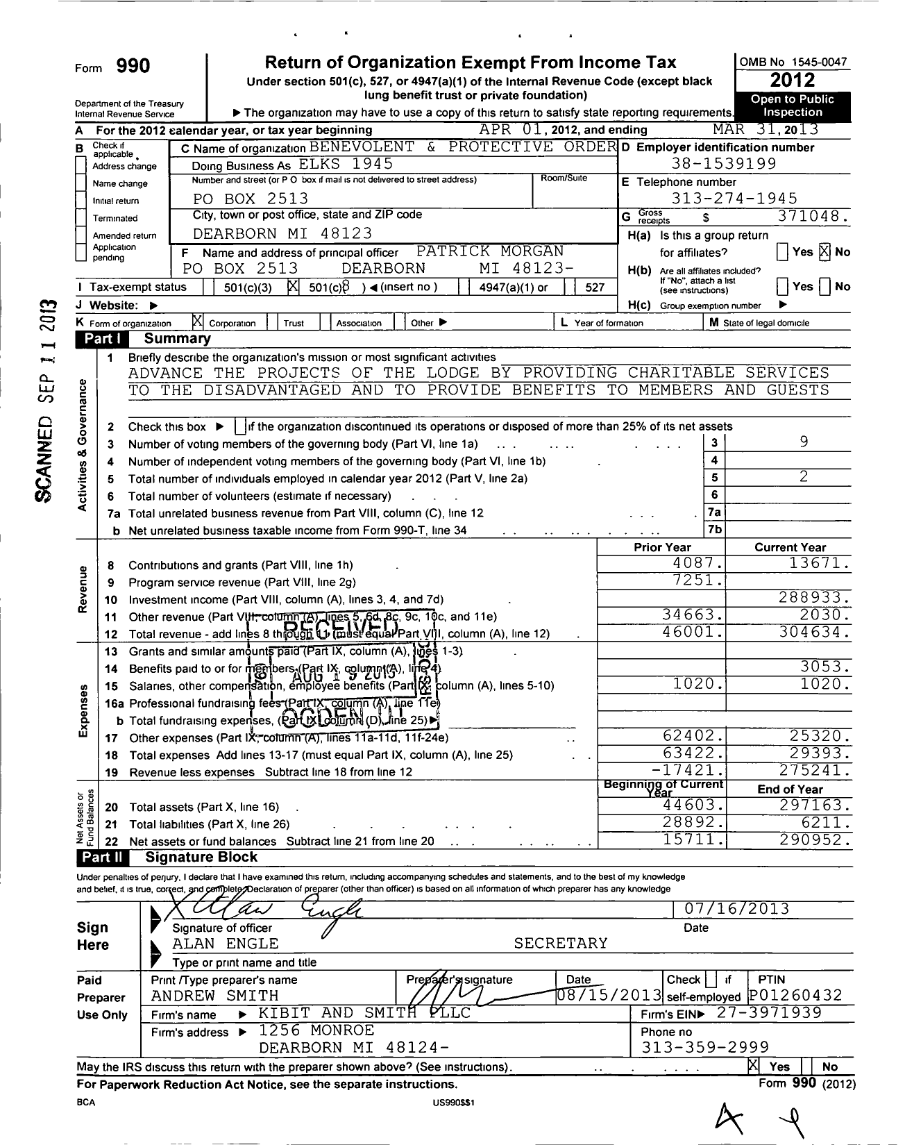 Image of first page of 2012 Form 990O for Benevolent and Protective Order of Elks - Dearborn 1945