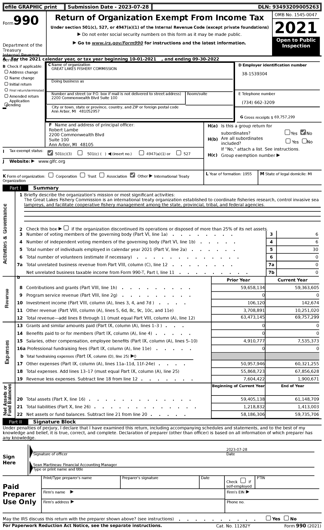 Image of first page of 2021 Form 990 for Great Lakes Fishery Commission (GLFC)