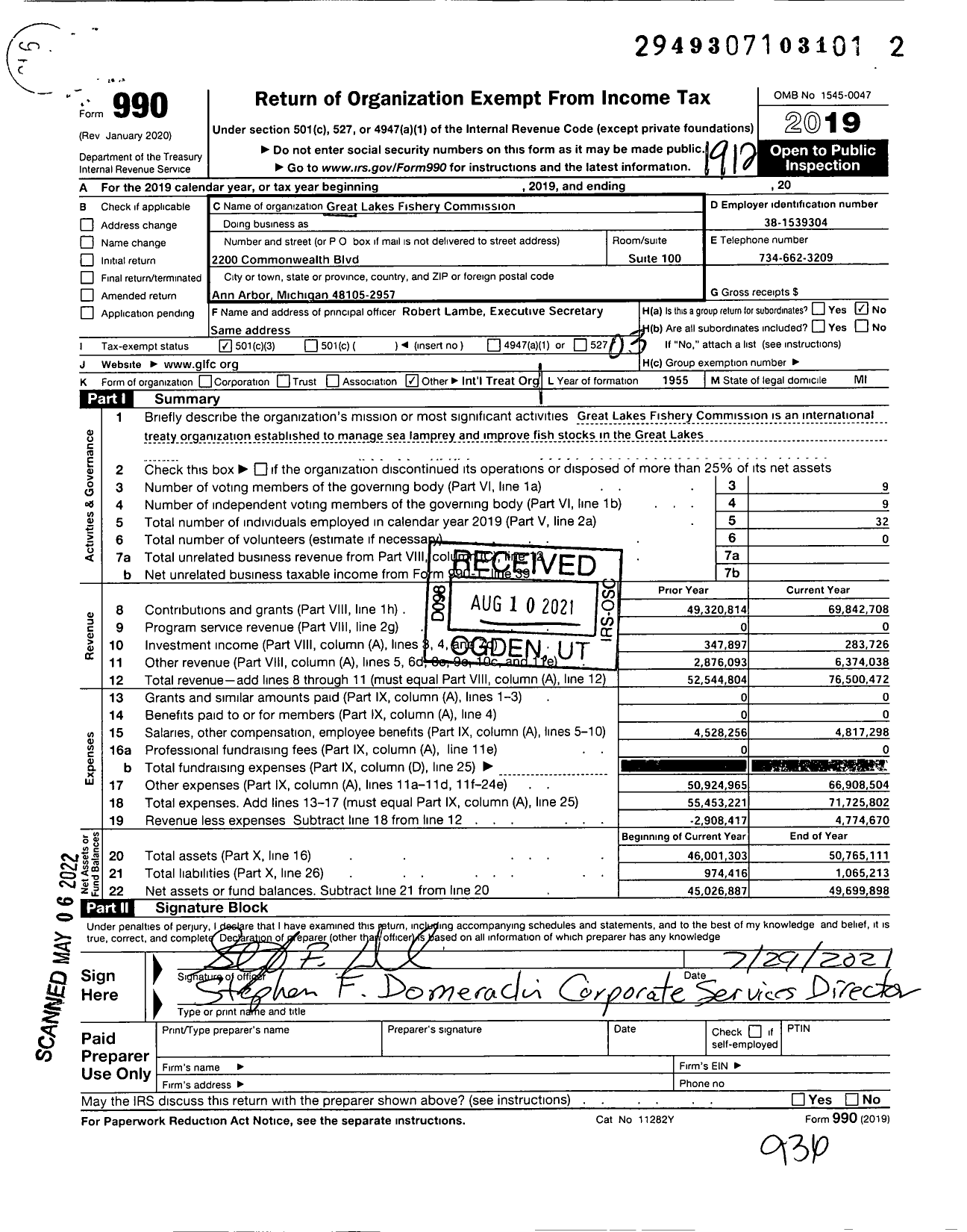 Image of first page of 2019 Form 990 for Great Lakes Fishery Commission (GLFC)