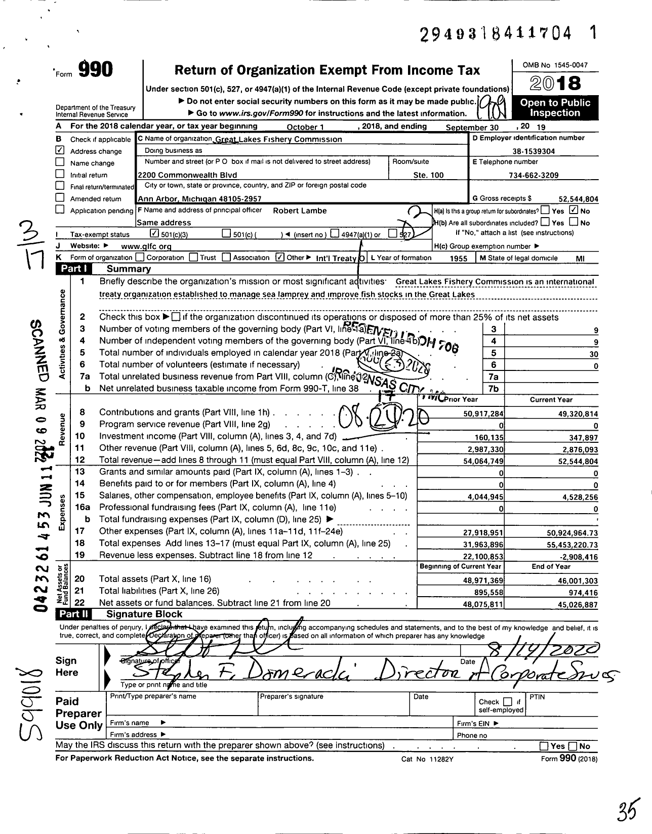 Image of first page of 2018 Form 990 for Great Lakes Fishery Commission (GLFC)