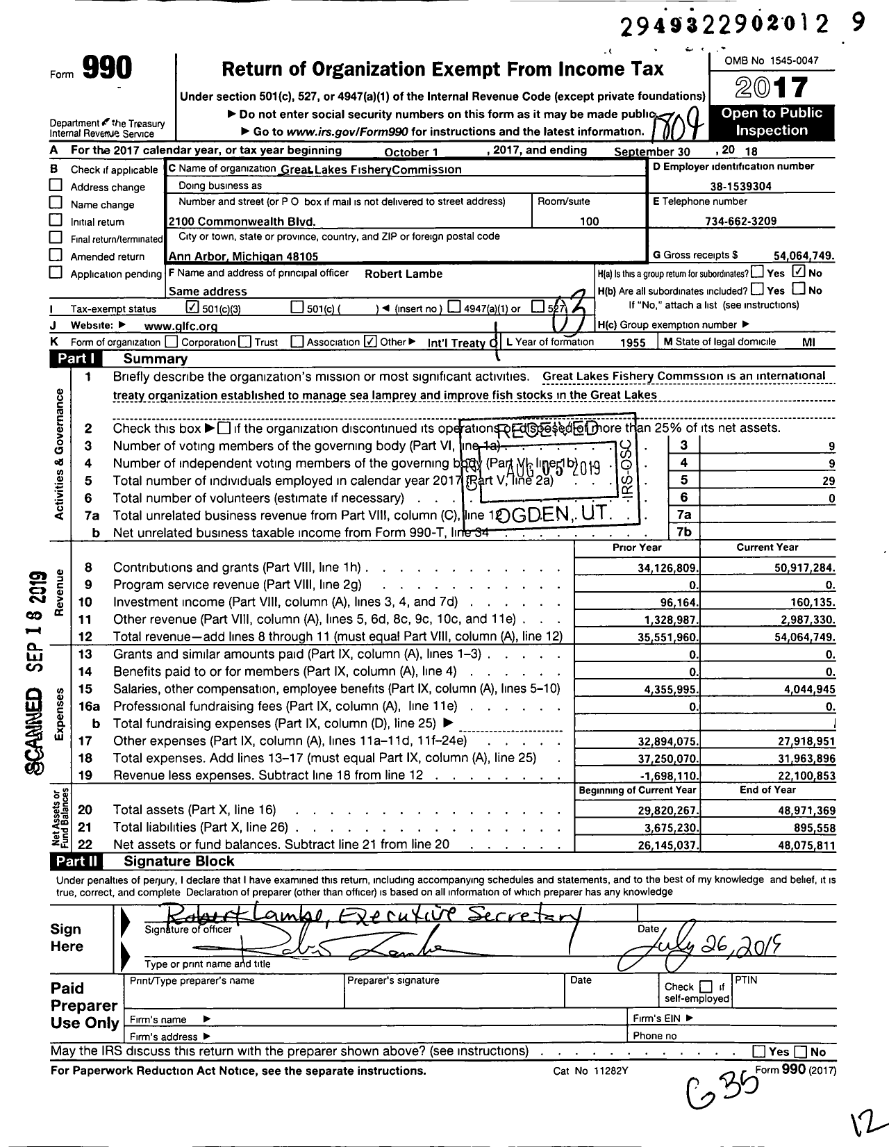 Image of first page of 2017 Form 990 for Great Lakes Fishery Commission (GLFC)