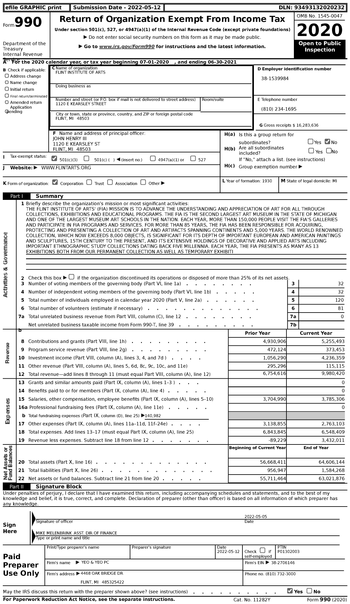 Image of first page of 2020 Form 990 for Flint Institute of Arts (FIA)